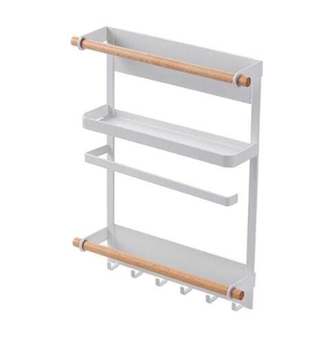 Magnetic Refrigerator Spice Rack & Towel Holder - White Kitchen Storage Organizer with Hooks for Paper Towels, Utensils & Spices | Space-Saving Side Hanging Shelf for Refrigerator Organization