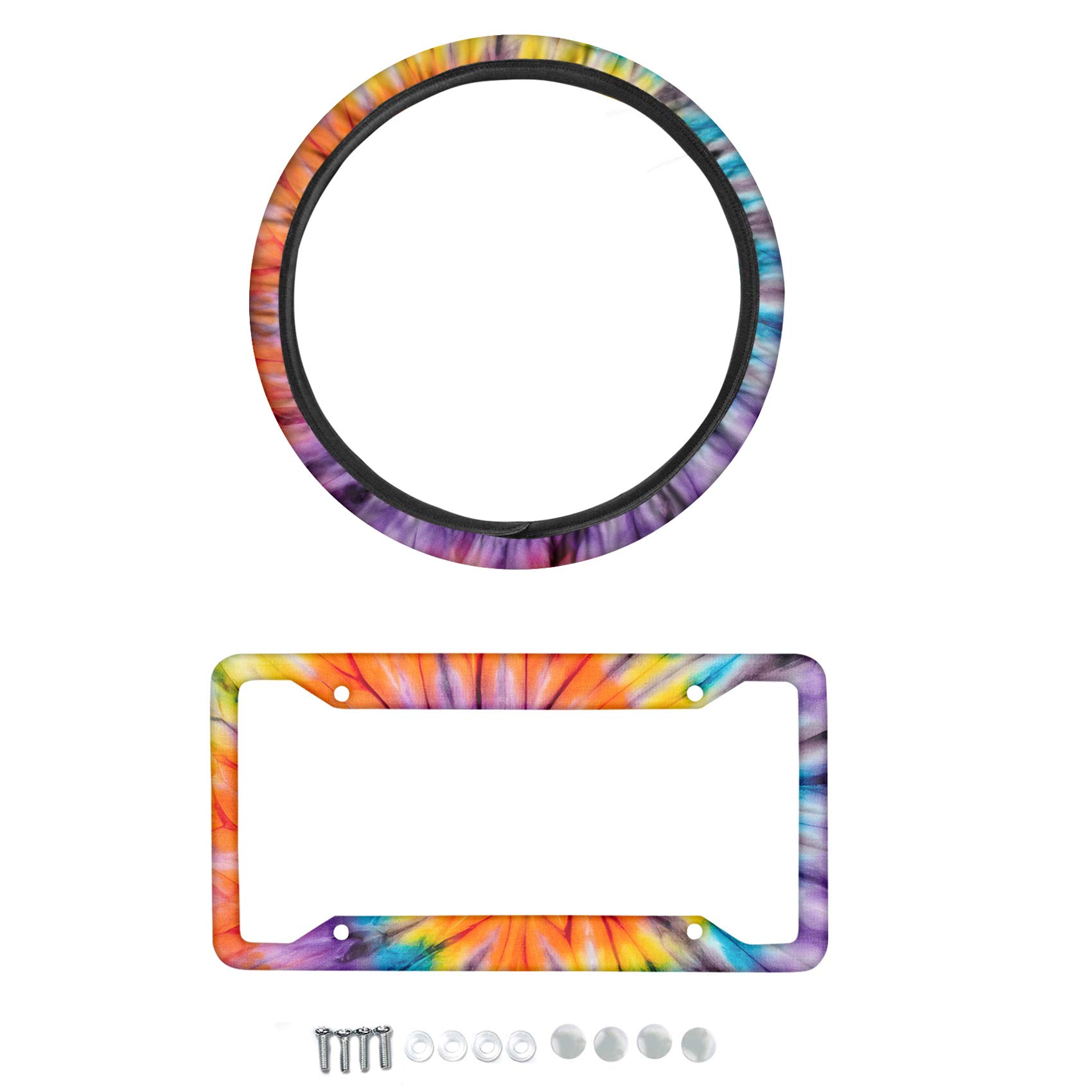 Universal Fit Tie Dye Steering Wheel Cover with License Plate Frame - 4 Hole US Standard Design for Cars, Trucks & SUVs | Non-Slip Grip Protection & Stylish Customization for Road Trips & Daily Commutes