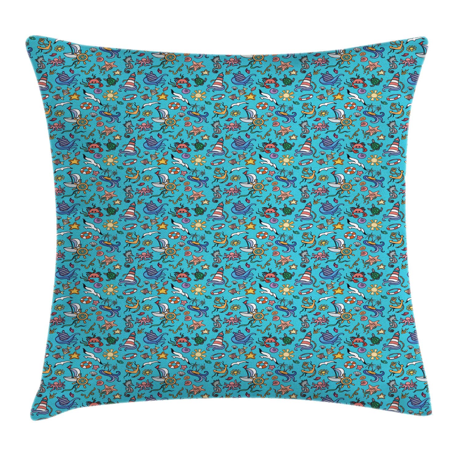 Ambesonne Octopus & Nautical Themed Throw Pillow Cover 16x16 Inch - Sea Blue Multicolor with Starfish, Ship Wheel, Turtle & Coral Doodle Design - Decorative Square Accent Cushion Case for Living Room, Bedroom, Boat or Beach House Decor