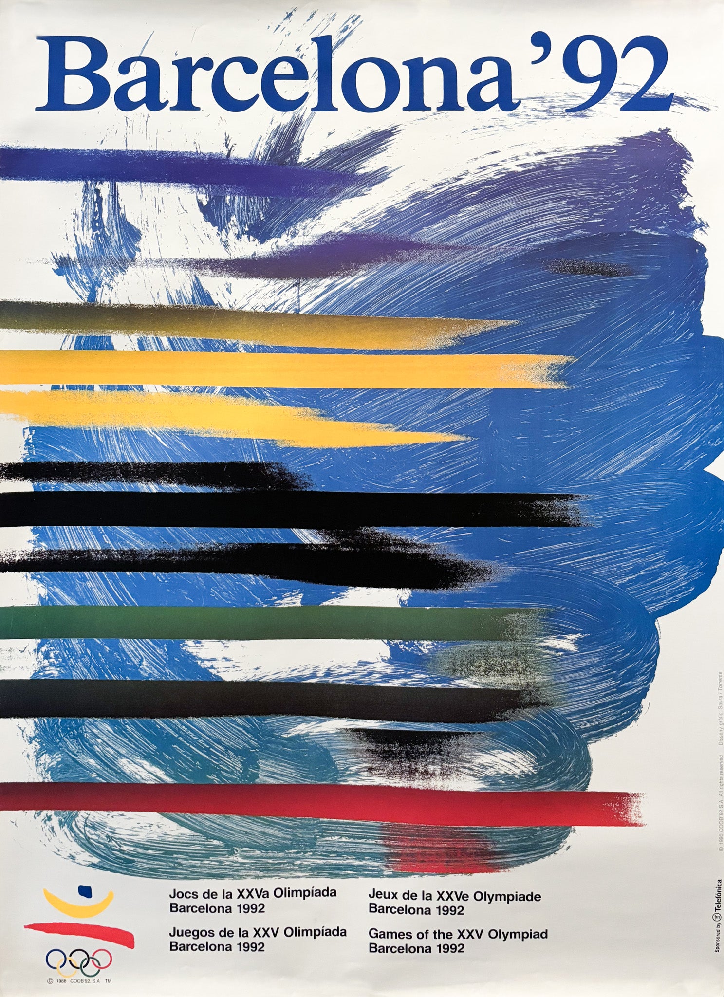 1992 Barcelona Olympic Games Poster - Blue, Yellow, Black, Green & Red Abstract Art by Saura/Torrente | Vintage Sports Memorabilia & Wall Decor for Olympics Fans