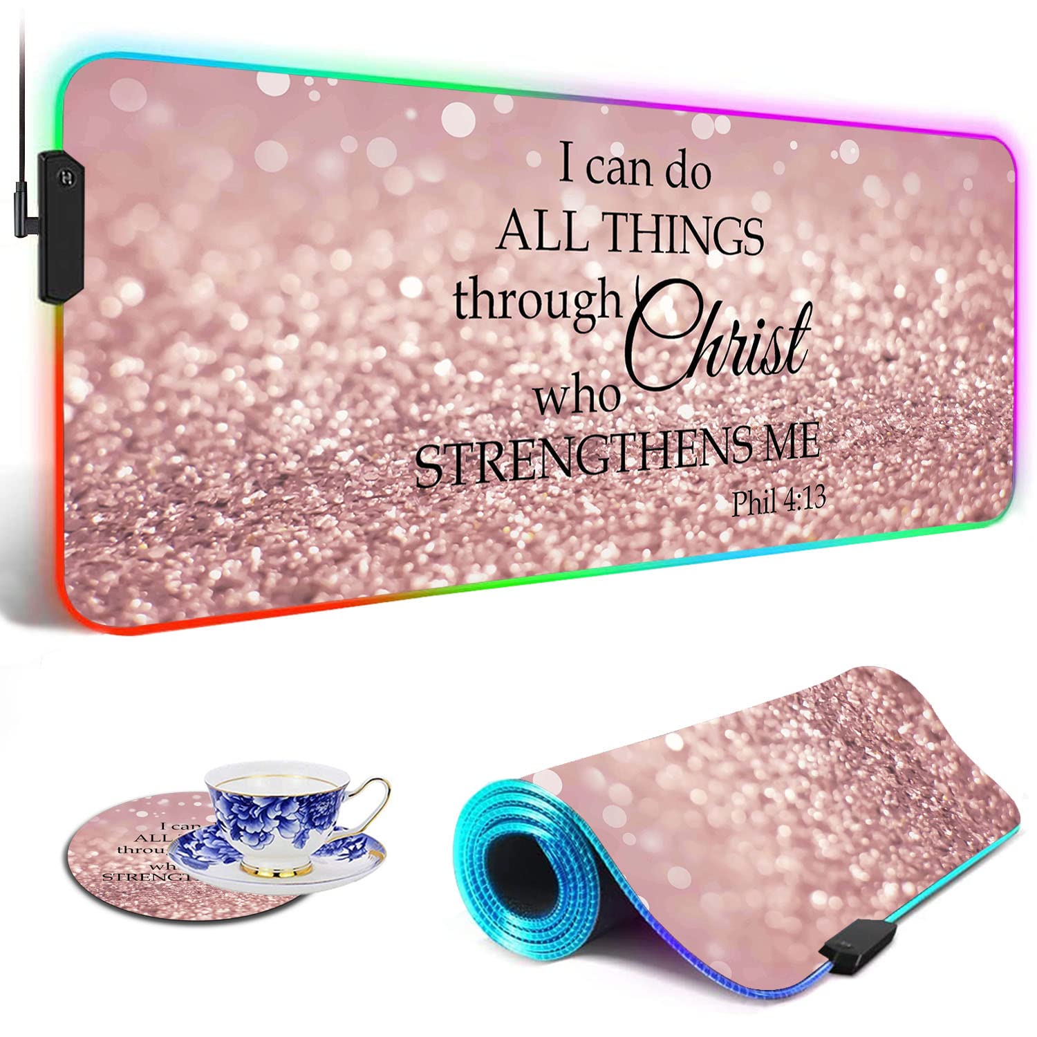 RGB Gaming Mouse Pad with LED Lights - Large Non-Slip Desk Mat for Keyboard & Mouse, Waterproof Optical Surface, Pink Philippians 4:13 Bible Verse Design - Perfect for PC Gaming Setup, Office Workstation & Streaming Studio
