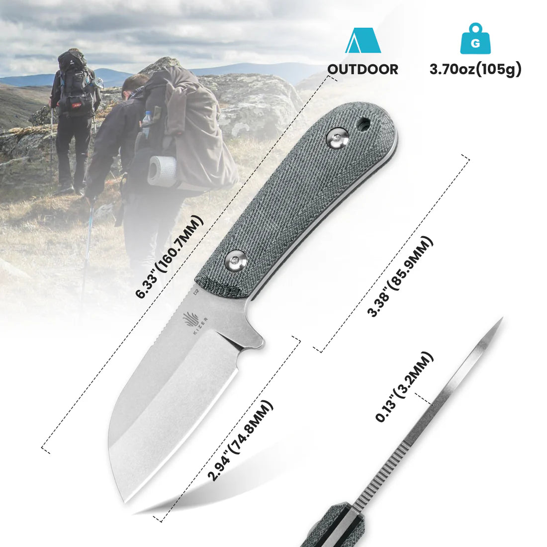 Kizer 1062A1 Deckhand Compact Fixed Blade Knife - Stonewashed G10/Micarta Handle & Kydex Sheath - Perfect for EDC, Camping, Hunting and Outdoor Survival