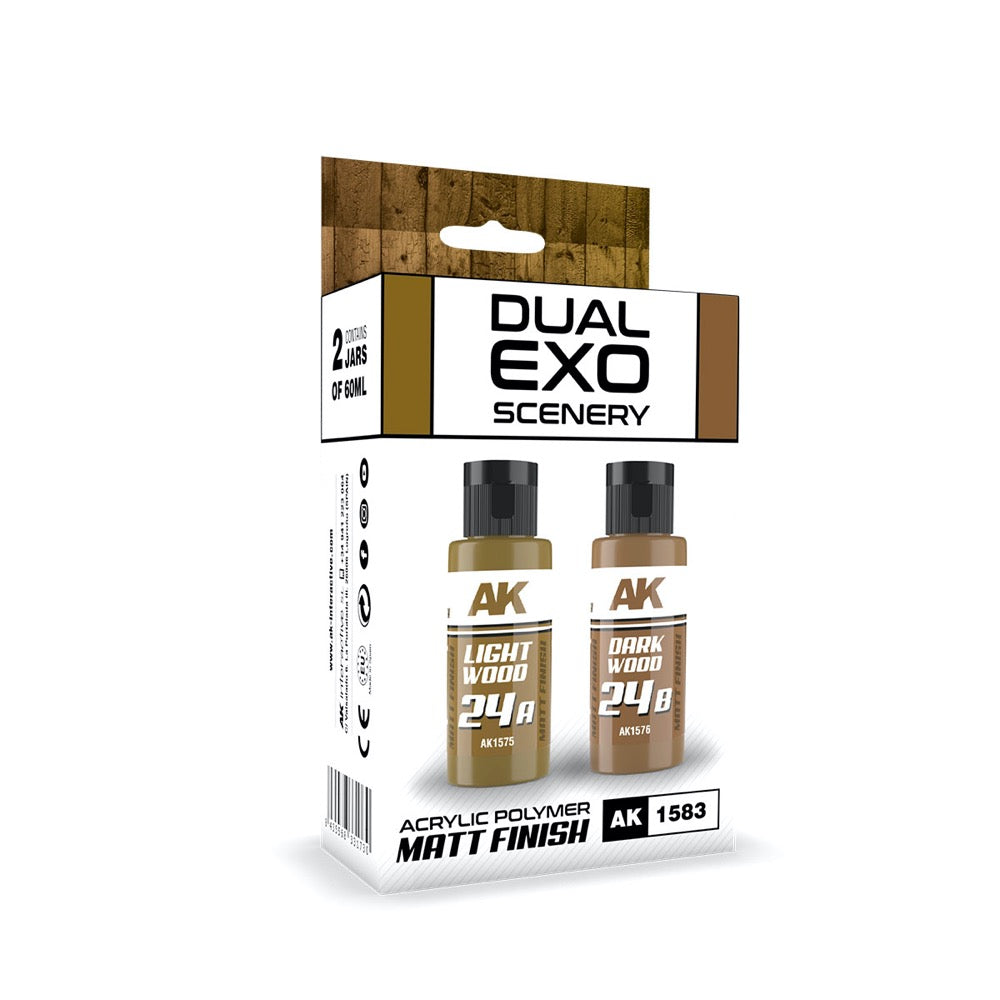 AK Interactive AK1583 Dual Exo Set - 24A Light Wood & 24B Dark Wood Paint for Scale Models - Perfect for Military, Aircraft, and Diorama Painting Projects