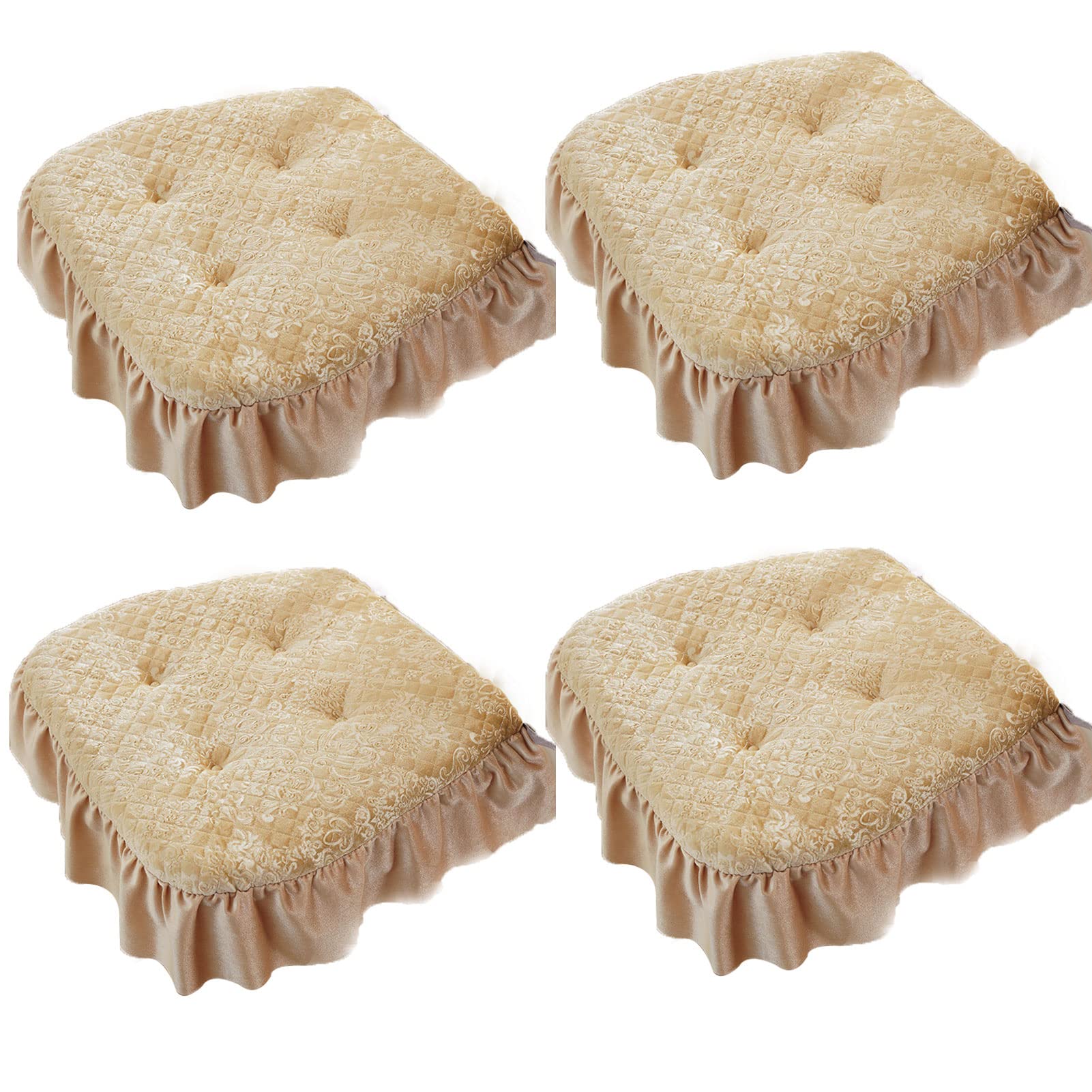 HGTRH 4-Pack Non-Slip Washable Chair Cushions 16x17 Inches - Solid Color Sponge-Filled Seat Pads with Ties & Ruffles for Kitchen, Dining, Office & Wooden Chairs - Breathable Comfort for Home & Office Use