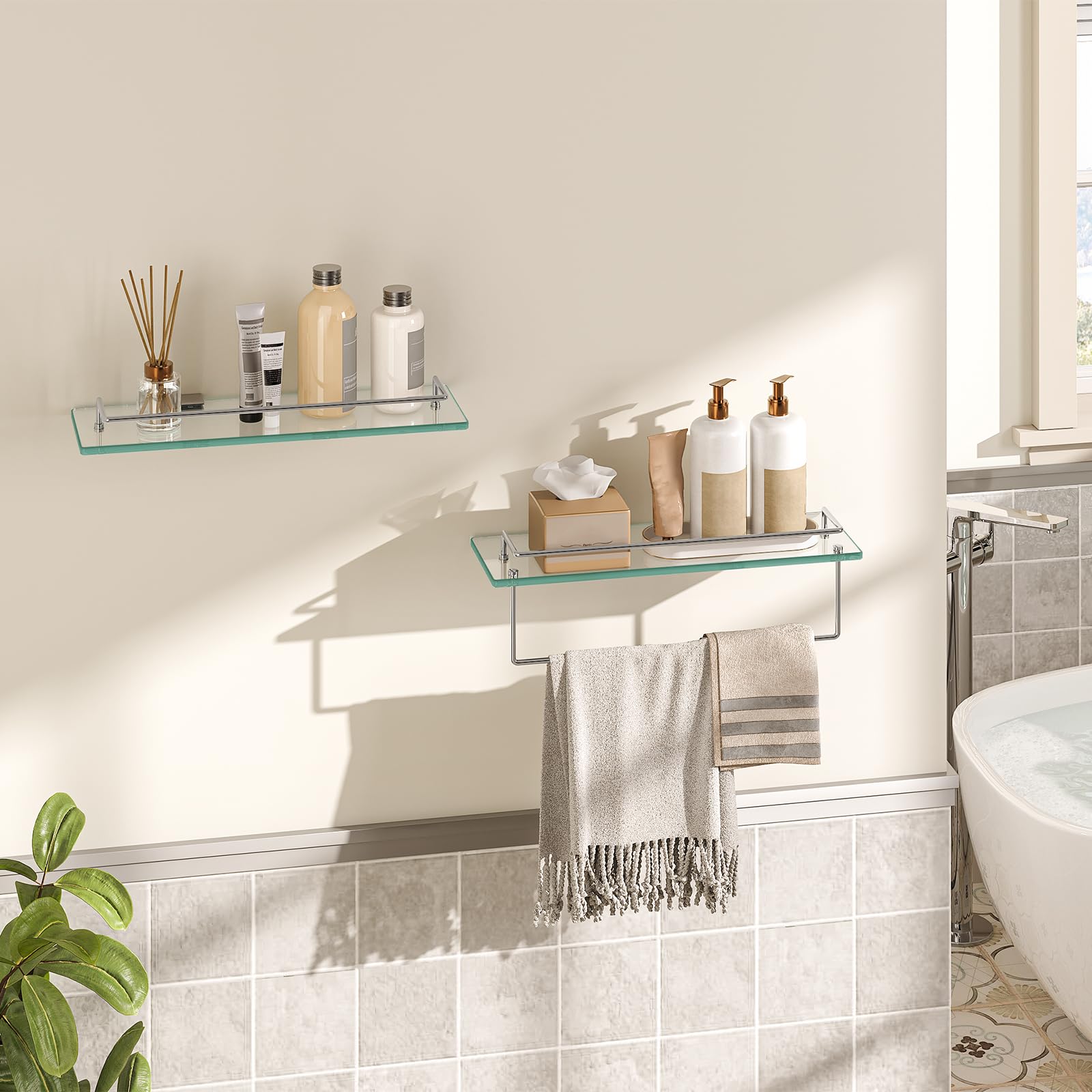 HOOBRO 15.7 Inch Floating Glass Shelves for Bathroom Wall - Set of 2 Tempered Stainless Steel Mounted Shelves for Toilet, Shower, Vanity Organization - Modern Silver Bathroom Decor SV02BJ01 - Perfect for Storing Toiletries, Cosmetics & Bath Essentials