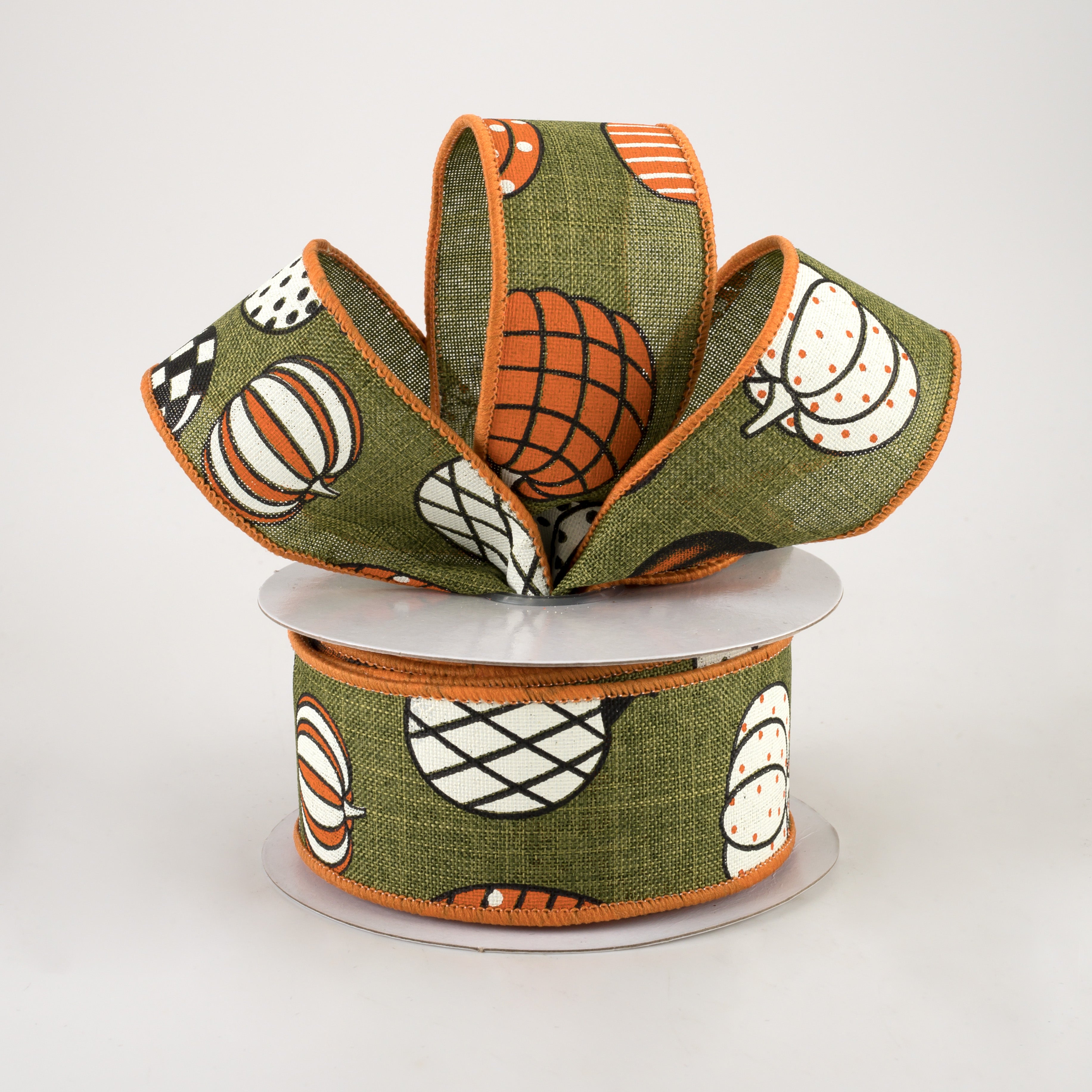 1.5 Inch Patterned Pumpkins Linen Ribbon - Moss Green (10 Yards) for Fall Crafts, Gift Wrapping, and Home Decor