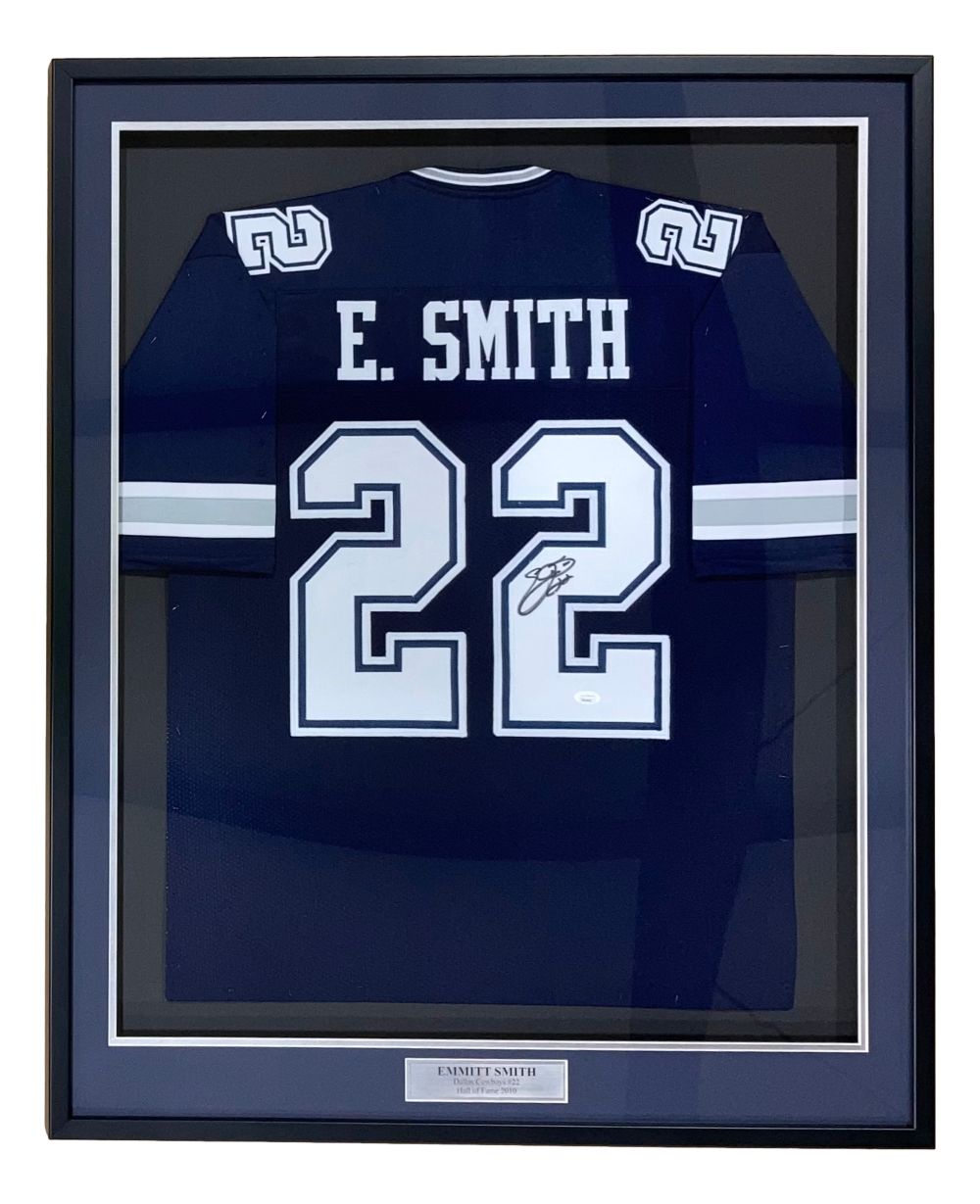 Emmitt Smith Dallas Cowboys Signed Framed Blue Football Jersey with JSA Hologram - Authentic NFL Memorabilia for Sports Fans, Man Cave Decor, and Collectors