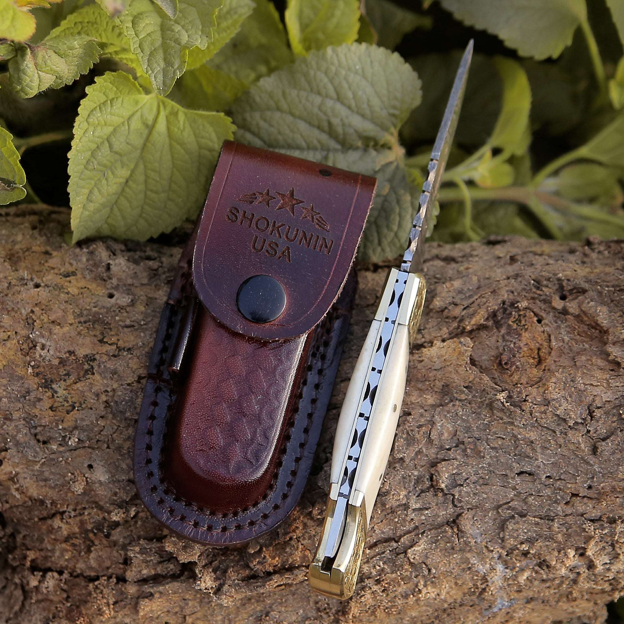 Premium Damascus Steel Expedition Pocket Knife with Bone Handle - Outdoor Survival, Camping, Hunting, and Everyday Carry (EDC)