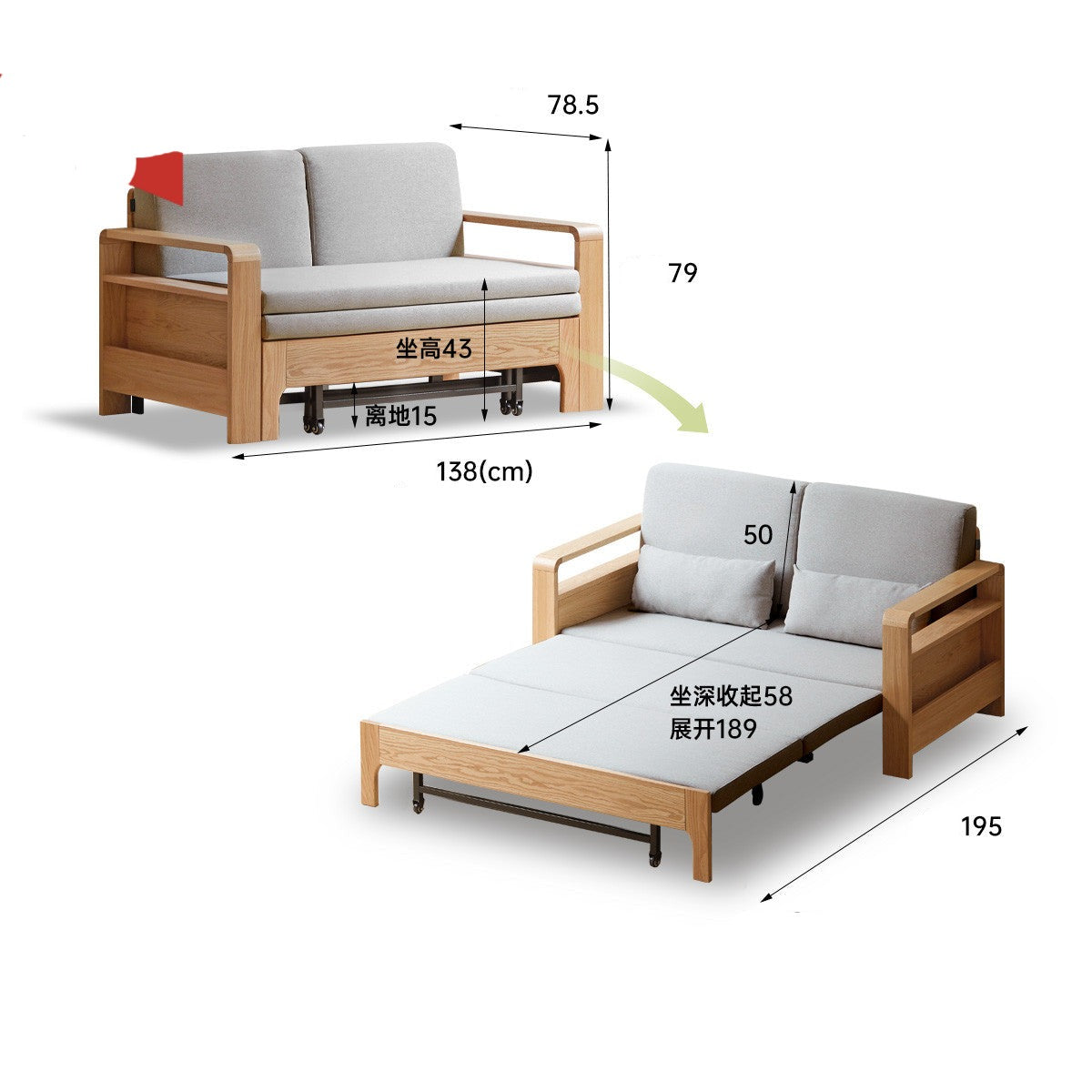 Solid Wood Sleeper Sofa - Beech & Oak Multi-Functional Convertible Sofa Bed for Living Room, Guest Room & Small Spaces