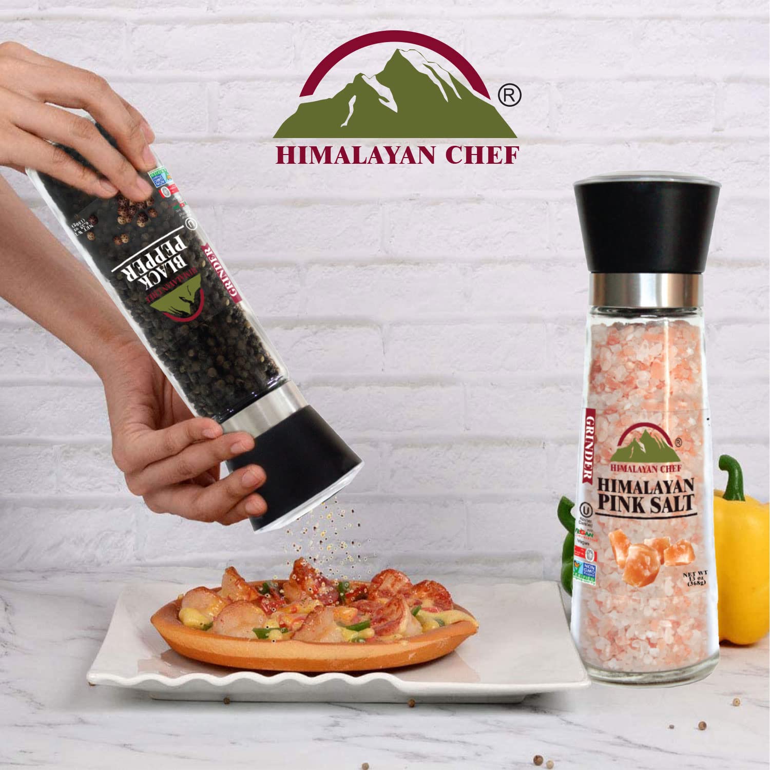 Himalayan Chef Stainless Steel Himalayan Salt and Pepper Grinder Set - Adjustable Coarseness, Tall Glass Shakers for Kitchen, Dining Table & Outdoor Cooking - Premium Spice Mill for Gourmet Meals