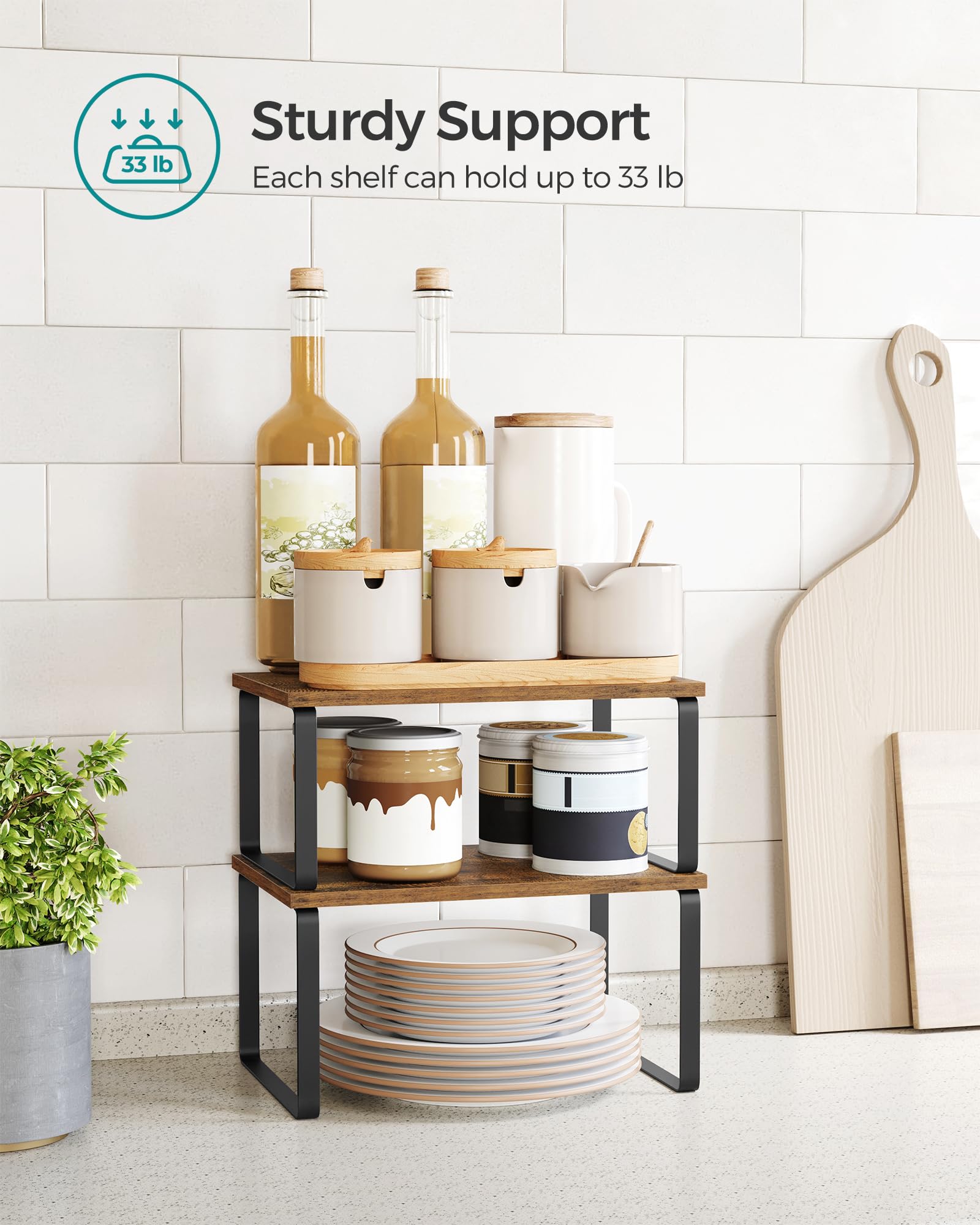 SONGMICS 4-Pack Stackable Expandable Cabinet Organizer Shelf - Metal & Engineered Wood Kitchen Storage for Spices, Utensils | Space-Saving Counter Shelf in Ink Black & Rustic Brown (UKCS021X01) | Perfect for Pantry, Bathroom & Office Organization