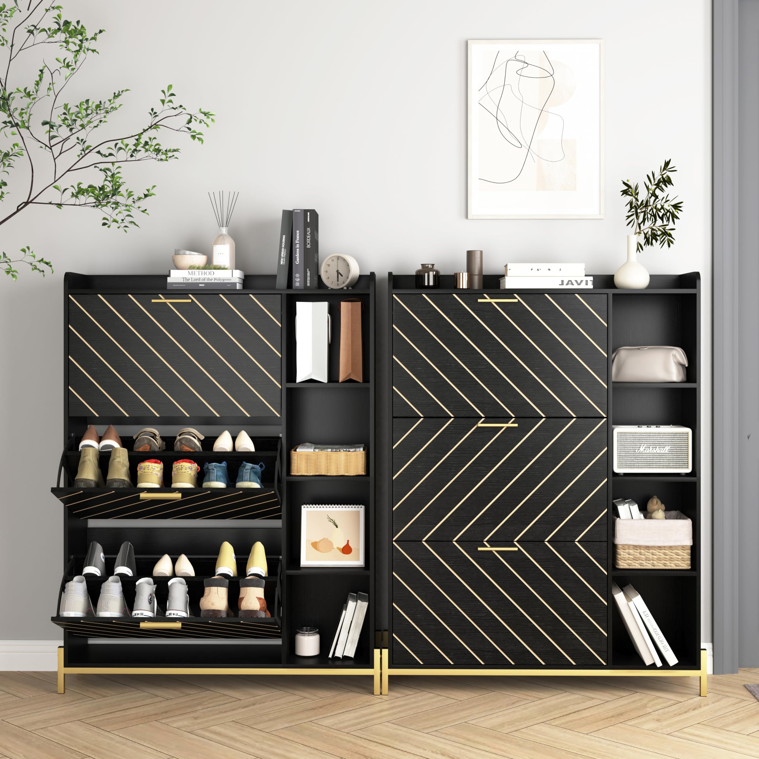 Wooden Shoe Cabinet Organizer with 3 Flip Drawers & 2 Adjustable Shelves - Open Storage Rack for Entryway, Closet, or Door Entrance - Perfect for Heels, Boots, Slippers & Narrow Spaces (Black) - Ideal for Small Apartments, Mudrooms & Organized Home Entryways
