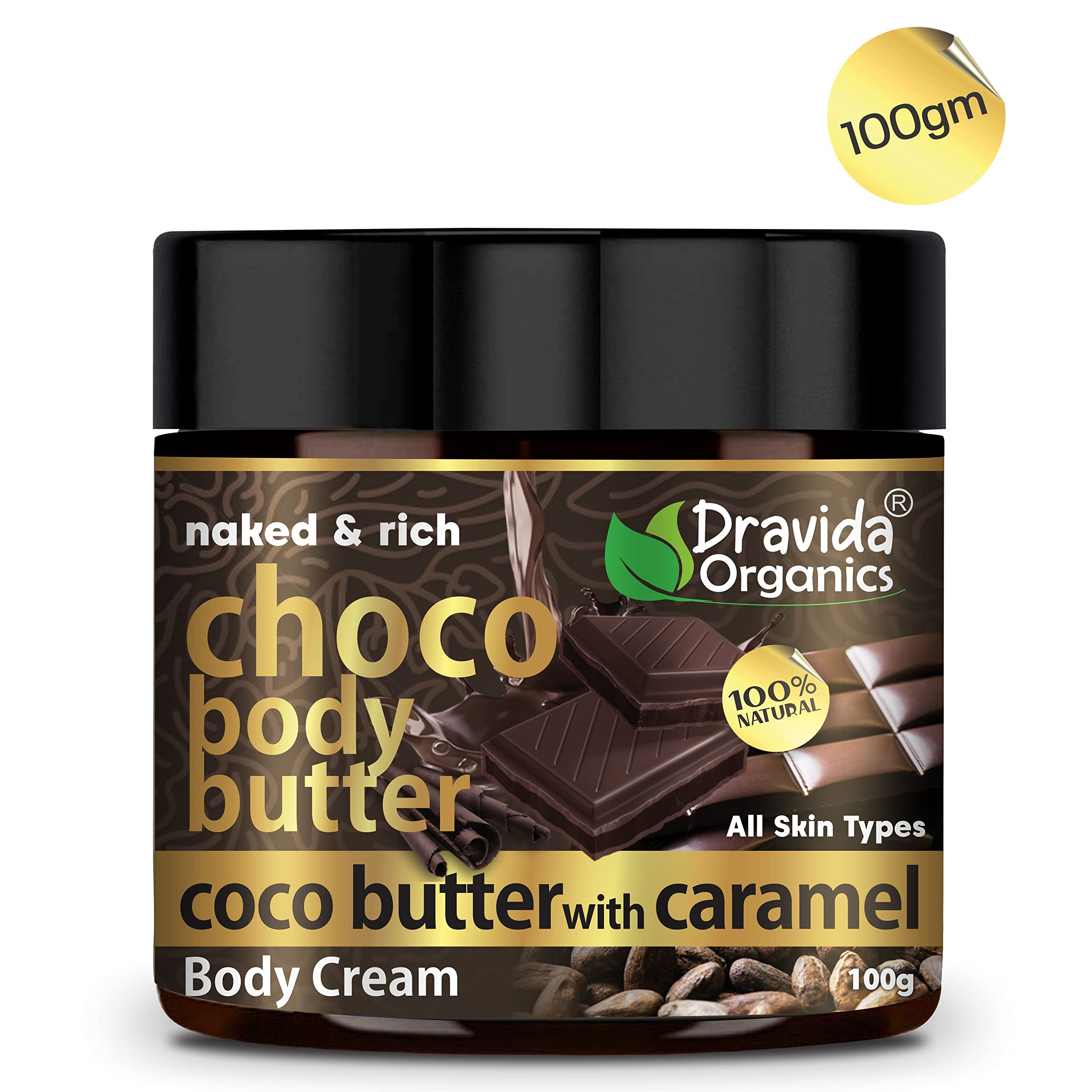 Dravida Organics Naked & Rich Choco Body Butter with Cocoa Butter & Caramel | Deep Moisturizing Cream for Dry Skin | All Skin Types | Paraben-Free, Mineral Oil-Free | 100g | Perfect for Daily Hydration & Spa Nights