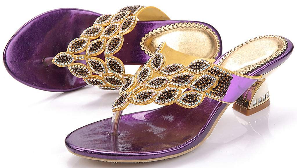 YooPrettyz Women's Summer Rhinestone Thong Sandals - Gold Glitter Chunky Low Heel Comfortable Beach Sandals for Vacation, Party, and Casual Outings