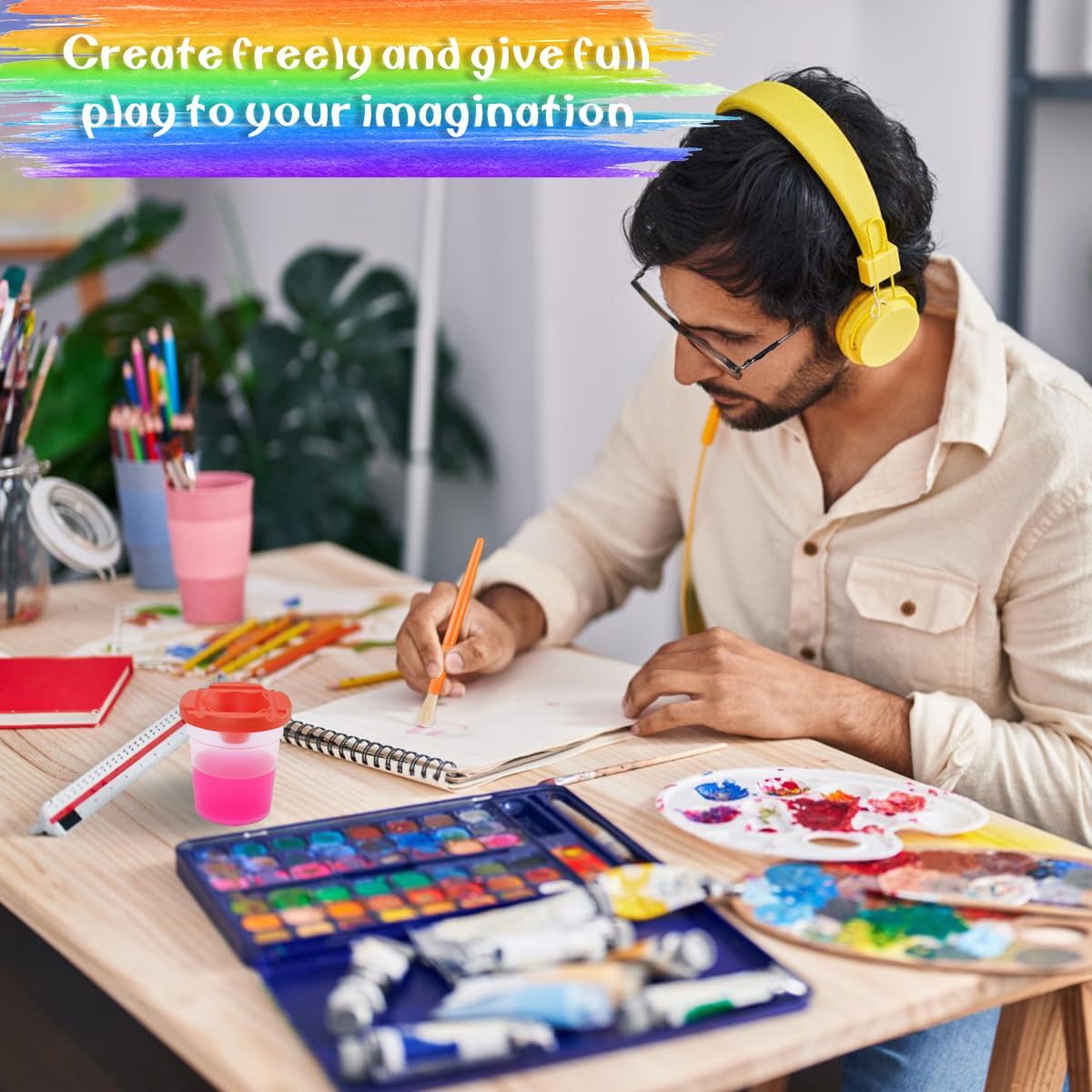 30PCS Spill-Proof Paint Cups with Brushes & Colored Lids - Non-Toxic Toddler Art Supplies for Kids Painting, DIY Crafts, Classroom Activities & Party Favors
