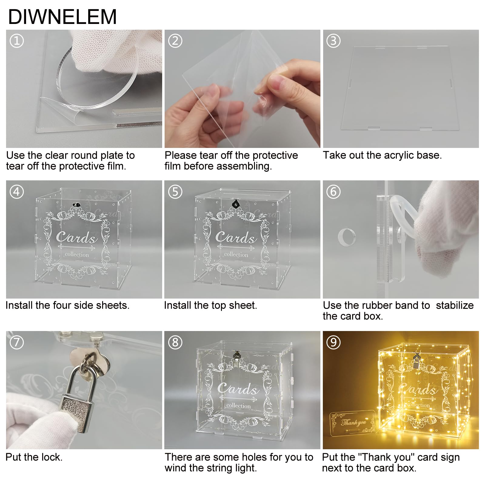 DIWNELEM Clear Acrylic Wedding Card Box with Lock - Large Letter Envelope Gift Money Holder for Wedding Reception, Baby Shower, Birthday Party & Graduation Decorations - Perfect for Secure Gift Storage at Special Events