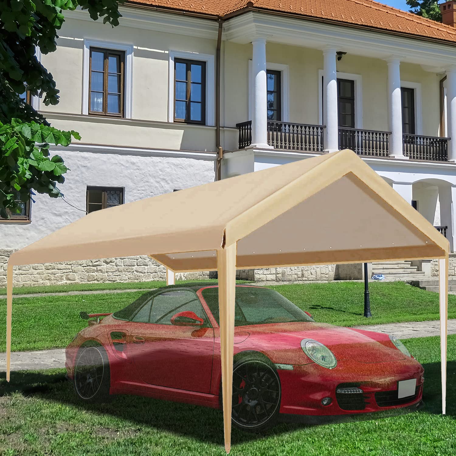 10x20 ft Beige Carport Replacement Canopy - UV Protection & Waterproof Cover for Boats, Parties, Weddings, Gardens & Outdoor Camping - Top Only (Frame Not Included) - Perfect for Outdoor Events, Vehicle Shelter & Backyard Protection