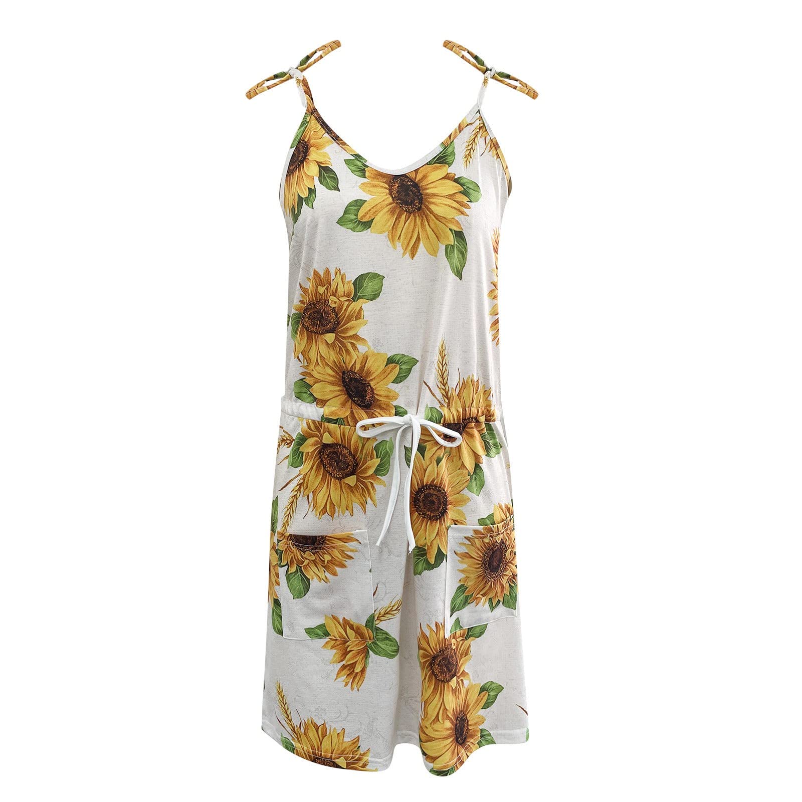 Women's Floral Summer Dress - Loose V-Neck Sleeveless Swing Dress with Drawstring & Sling Strap | Cute Casual Outfit for Beach, Vacation & Fall Season