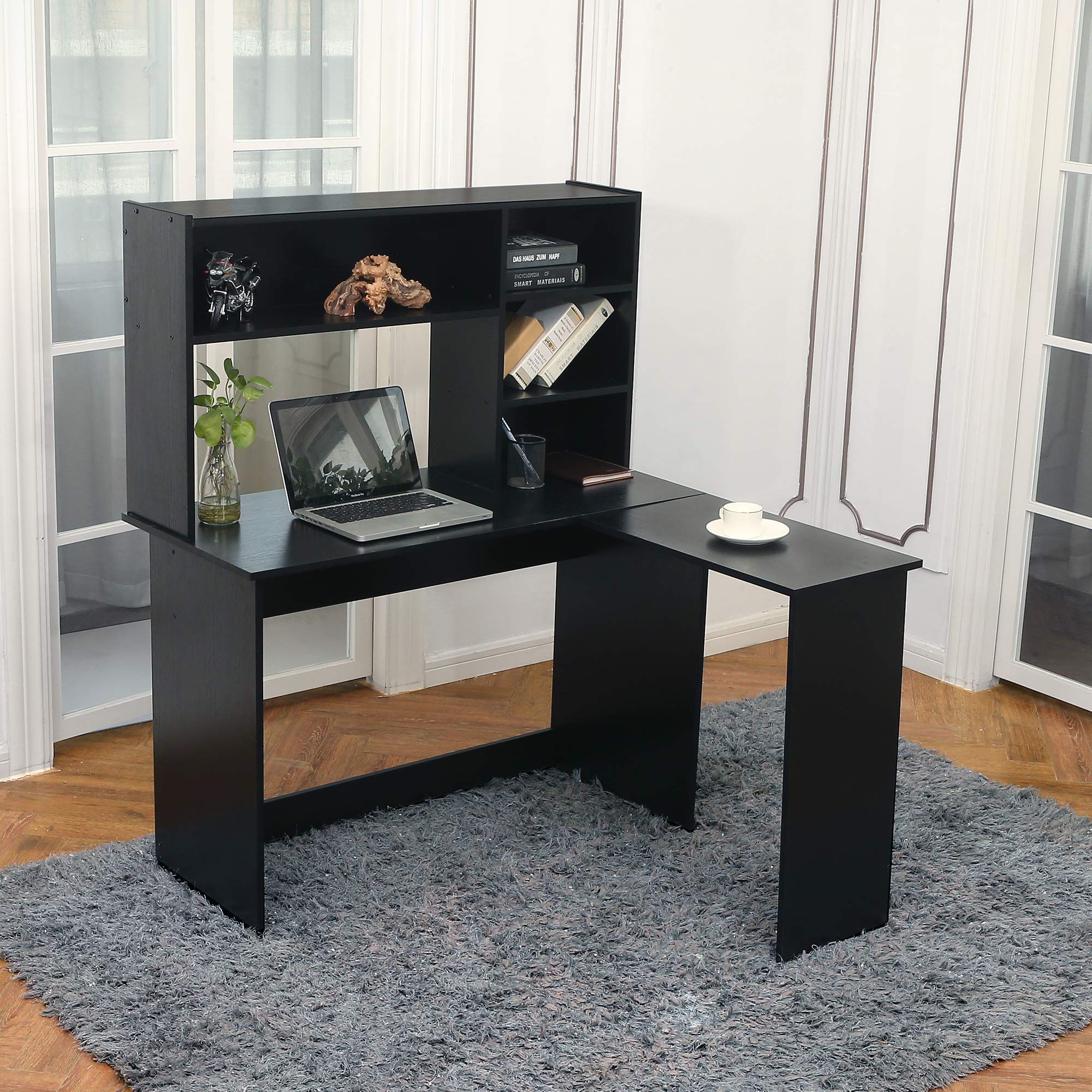 ivinta Modern L-Shaped Computer Desk with Hutch - Corner Gaming & Home Office Desk with Storage Shelves, Dark Brown Writing Workstation for Small Spaces | Perfect for Gaming, Remote Work & Study