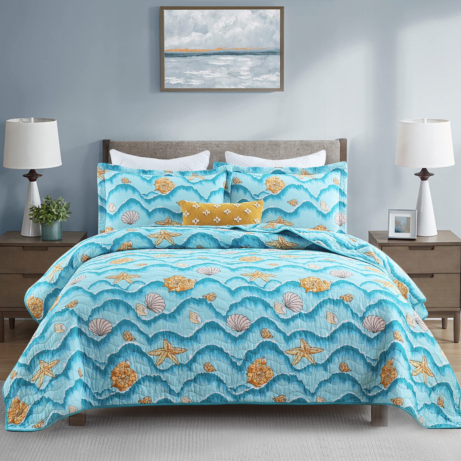 **SahSahCasa King Size Quilt Set - 100% Cotton Reversible Lightweight Summer Comforter - Coastal Blue Bedspread for Adults & Kids - 3-Piece Bedding Set for Bedroom, Guest Room, or Vacation Home**