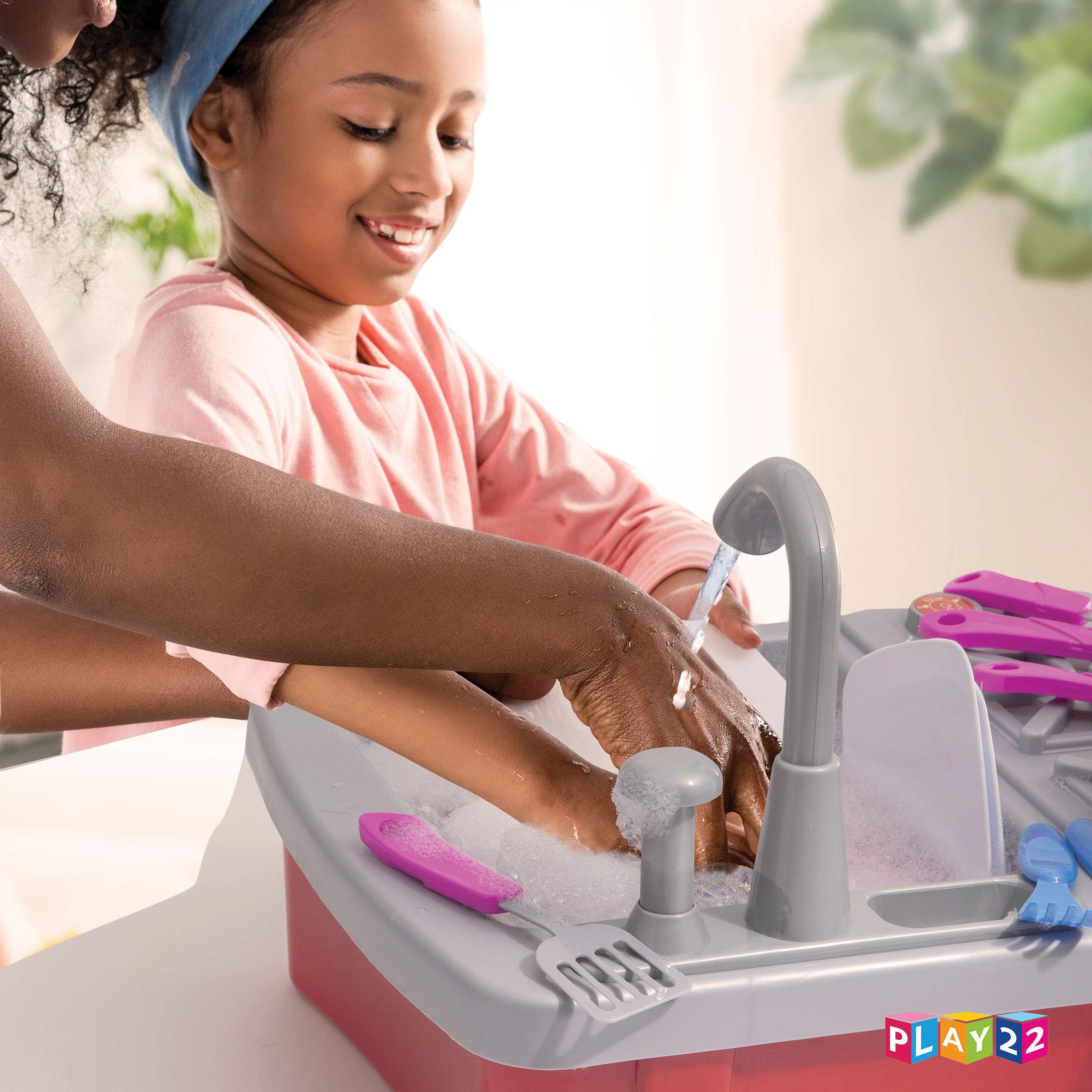 Play22 17-Piece Kids Play Kitchen Sink Set with Running Water - Realistic Toddler Sink Toy with Faucet, Drain, Dishes & Utensils - Includes Play Stove & Pan - Pretend Play Kitchen Toys for Boys & Girls Ages 3+ - Perfect for Imaginative Play, Role-Playing & Early Childhood Development