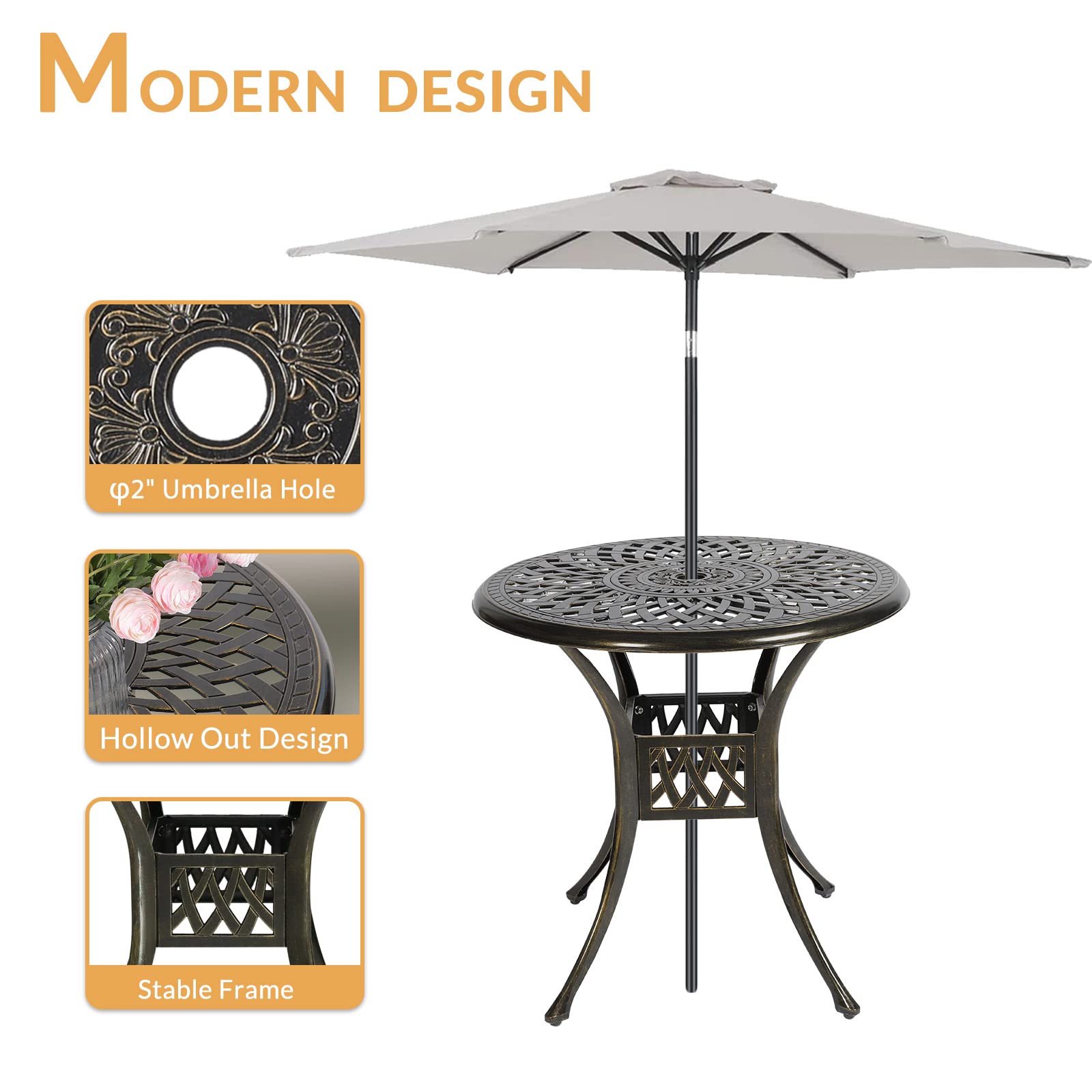 3-Piece All-Weather Cast Aluminum Outdoor Patio Dining Set with 2 Cushioned Chairs & 31