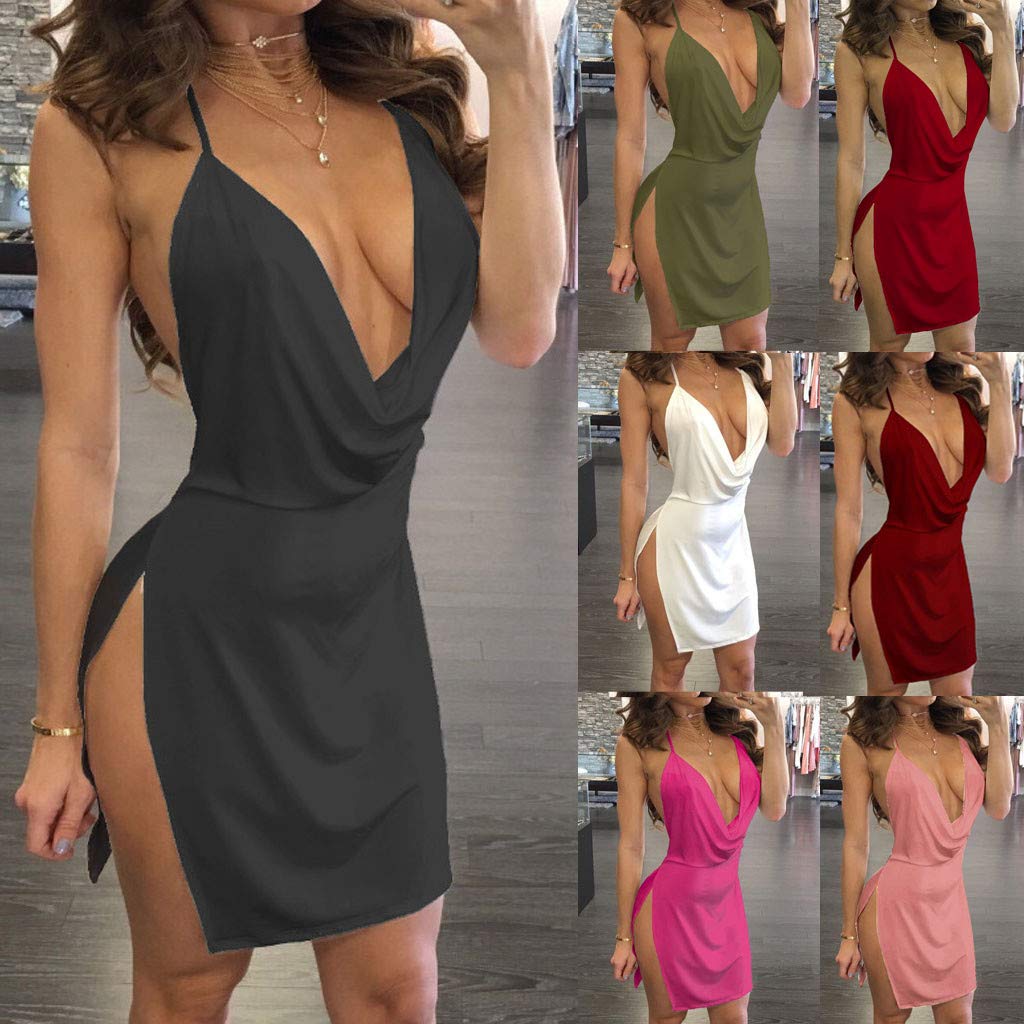 Sexy Deep V-Neck Halter Backless Slit Mini Dress for Women - COOKI Women's Club Party & Wedding Guest Dress | Perfect for Night Out, Cocktail Party & Special Occasions