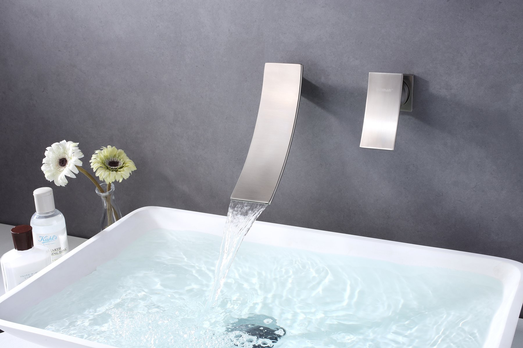 Brushed Nickel Wall Mount Bathroom Faucet - Single Handle Waterfall Spout Sink Faucet for Modern Vanity | Perfect for Small Bathrooms & Powder Rooms