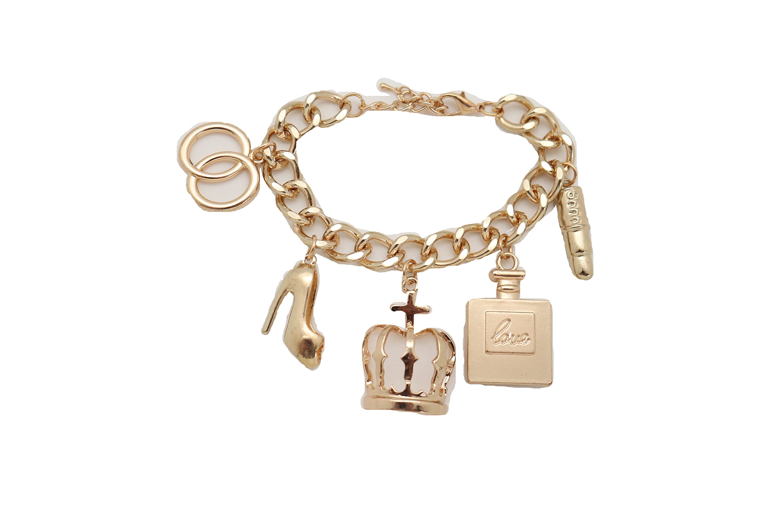 Gold Queen Crown Bracelet for Women - Elegant Metal Chain Fashion Jewelry with Lipstick & Perfume Charms | Perfect for Parties, Weddings & Royal-Themed Events