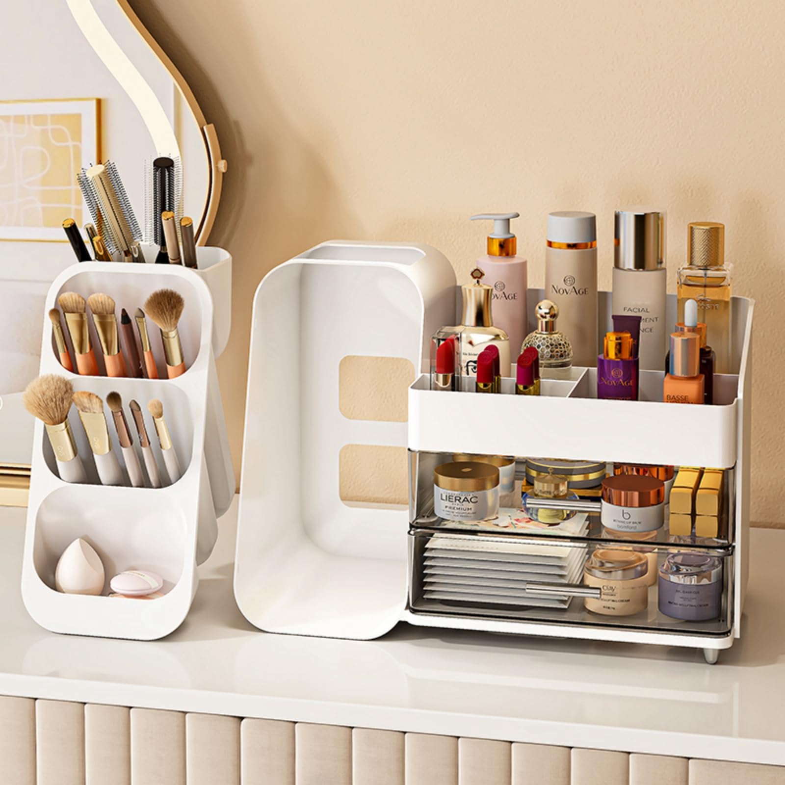 Large Makeup Organizer with Drawers - Spacious Vanity & Bathroom Storage for Cosmetics, Skincare, Brushes, Eyeshadow, Lipstick - Perfect for Bedroom, Dorm & Travel (White)