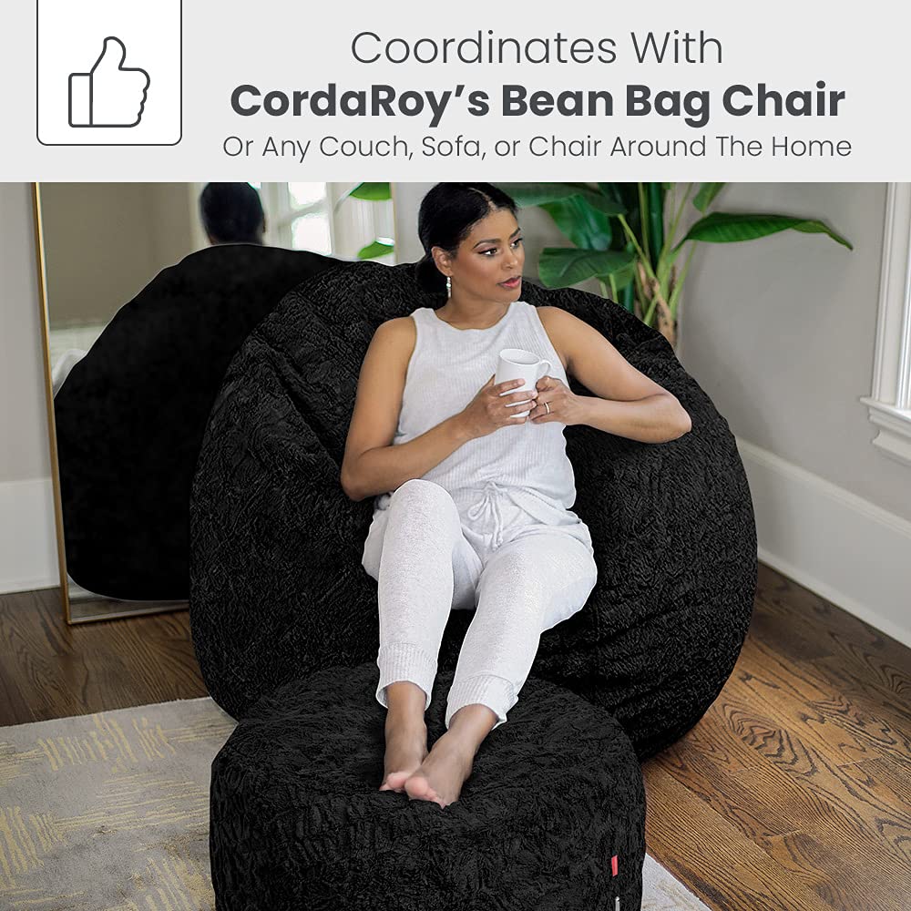CordaRoy's Faux Fur Bean Bag Pouf Footstool - Soft Black Ottoman for Living Room, Bedroom & Dorm - Versatile Seating & Footrest for Relaxing, Gaming & Lounging