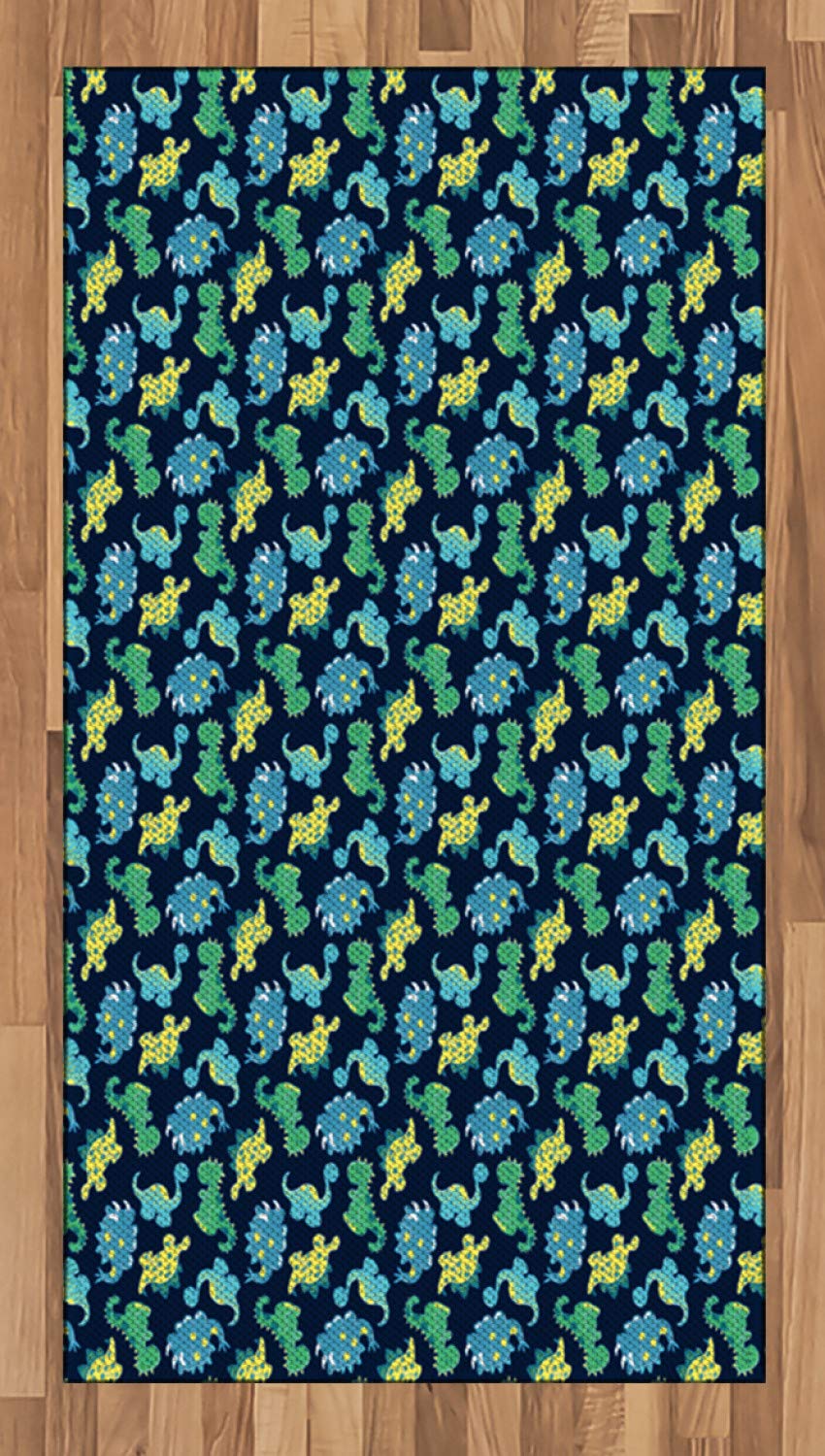 Dinosaur Themed Kids Playroom Rug - Cartoon Reptile Fantasy Design Non-Slip Flat Woven Area Rug for Bedroom, Nursery & Play Areas - 2'6