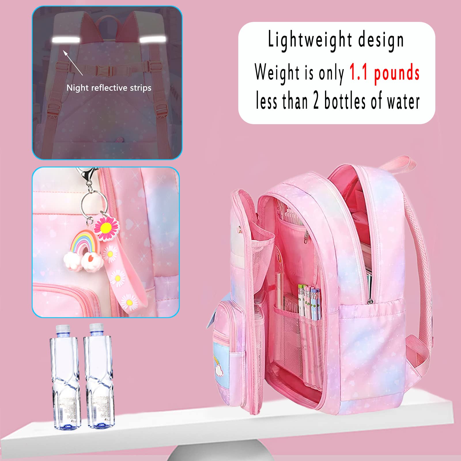 **Cute Pink Kawaii Backpack for Girls - Starry Rainbow School Bookbag, Aesthetic Kids Backpack Set (3 PCS) - Perfect for School, Travel & Daily Use**