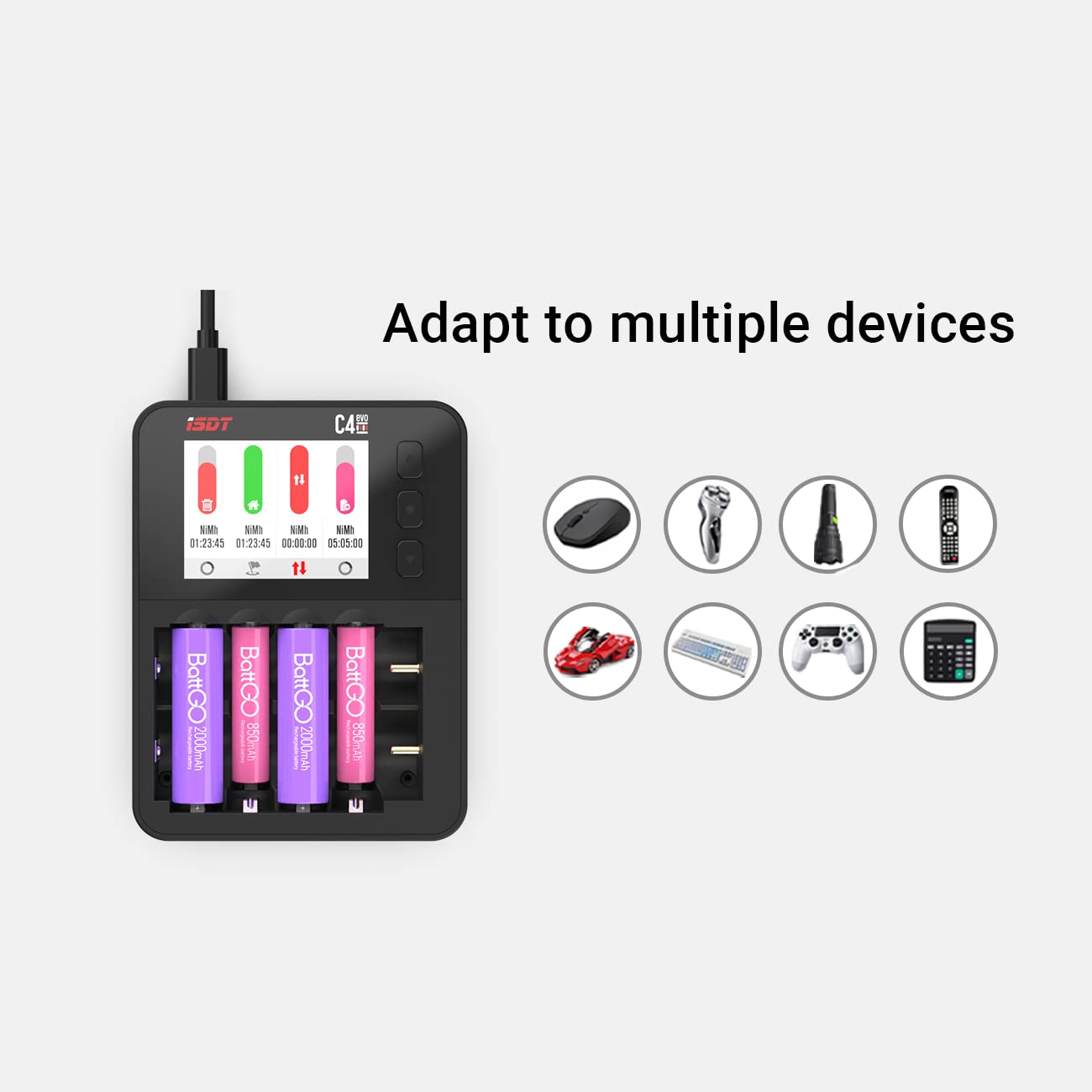 ISDT C4 EVO 6-Bay Smart Battery Charger for AA/AAA Li-ion NiMH Rechargeable Batteries - Fast Type-C QC3.0 Charging with LCD Display | Home Use, Travel, Emergency Power Supply, RC Toys, Flashlights