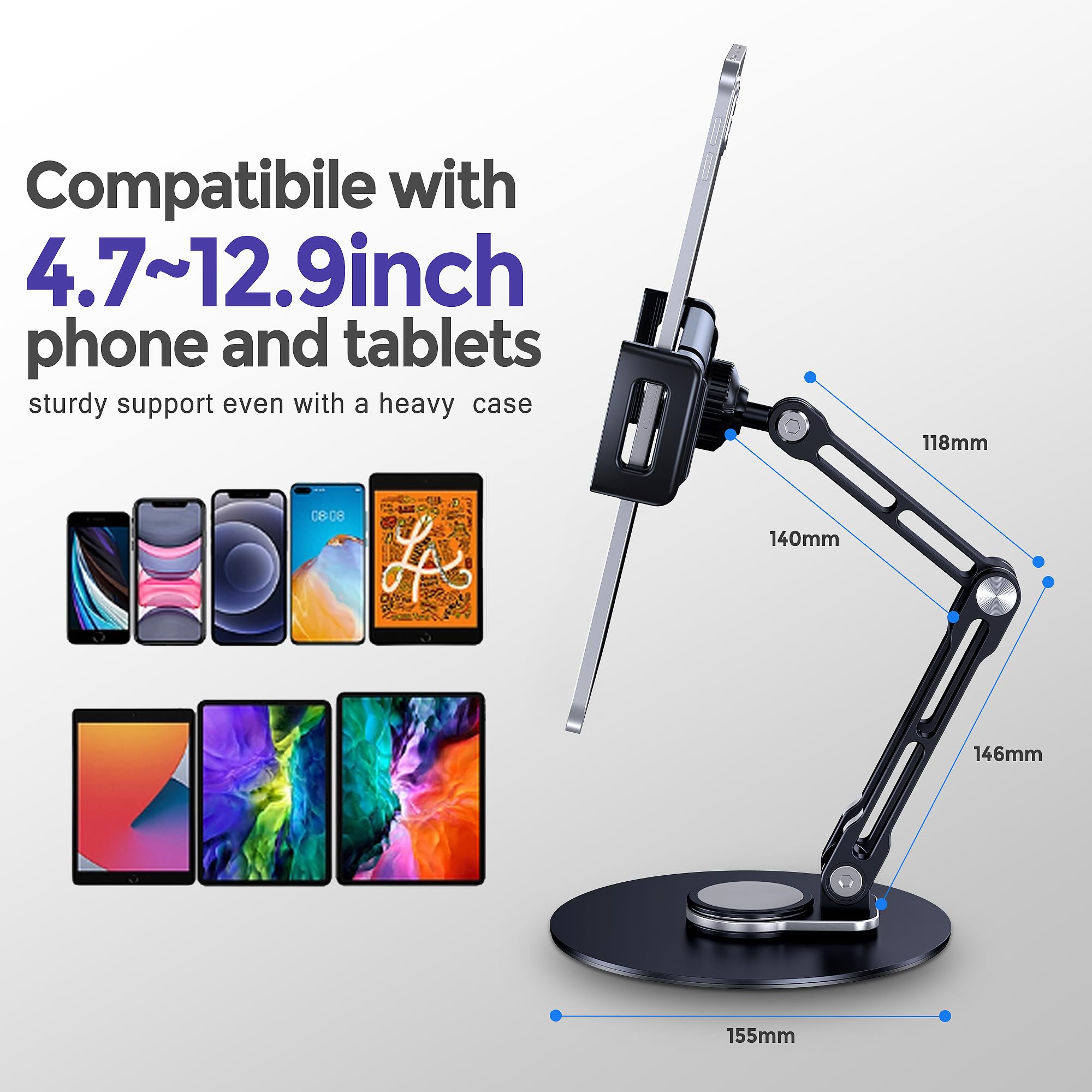 Adjustable 360° Rotating Aluminum Tablet Stand Holder for iPad - Compatible with iPad Air/Mini/Pro 11/13, 10.2/9.7 inch Models - Perfect for Desk, Office, Home & Bedroom Use (Black)