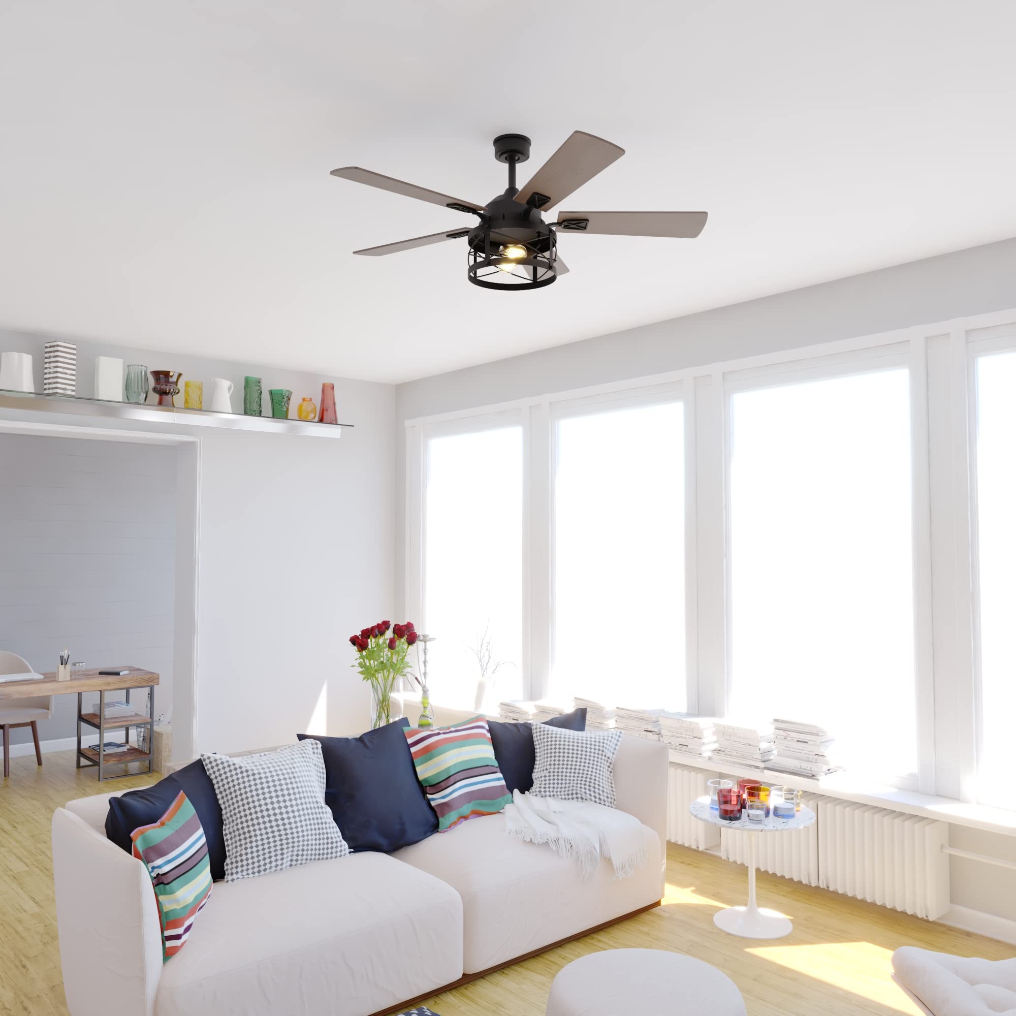 VAXCEL Elburn Black Farmhouse Ceiling Fan with Caged Drum LED Light Kit and Remote Control - Perfect for Living Room, Bedroom, and Rustic Home Decor