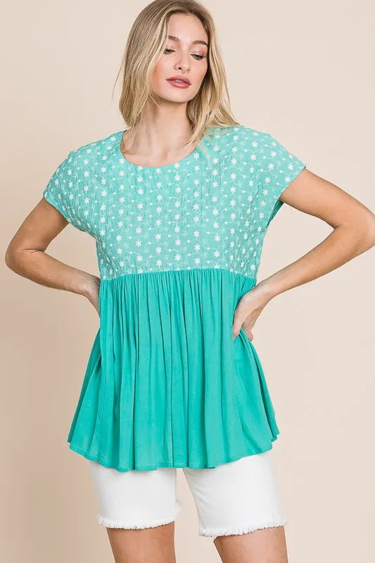 Women's Full Size Embroidered Mint Green Short Sleeve Pleated Babydoll Top - Casual Summer Blouse for Beach, Date Night & Everyday Wear