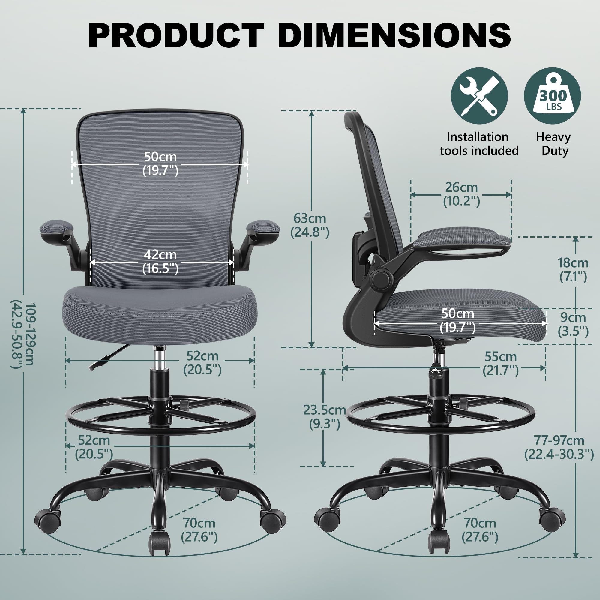 FelixKing Ergonomic Drafting Chair - Adjustable Height Mesh Office Chair with Lumbar Support, Flip-Up Armrests & Footrest - Comfortable High Back Computer Task Chair for Home Office, Studio & Drafting Table Use