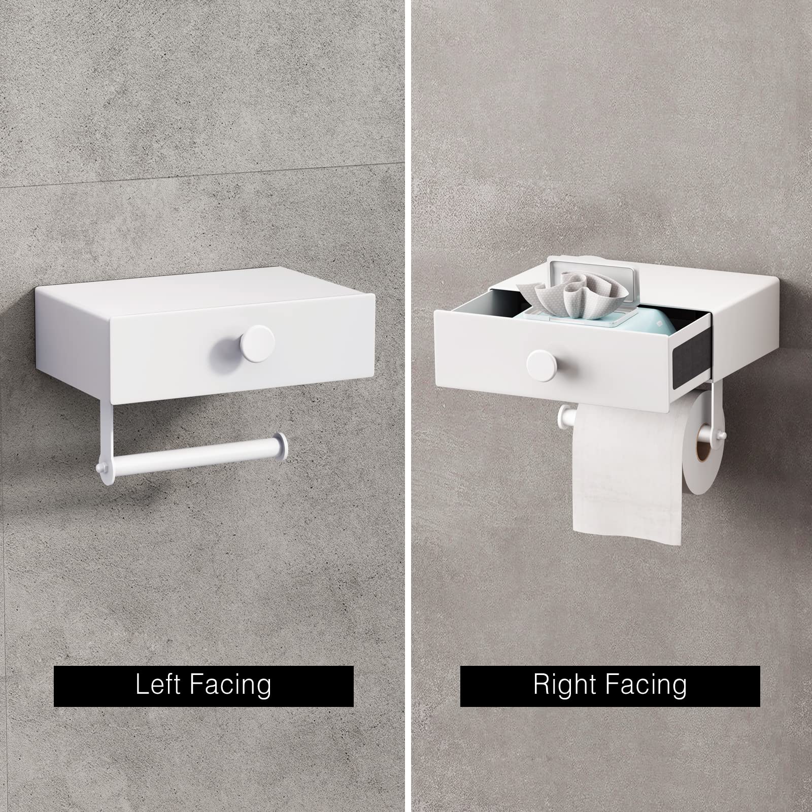VOLDRA White Wall Mount Toilet Paper Holder with Shelf & Wipes Dispenser - Space Saving Bathroom Storage Organizer with Adhesive Mount & Upgrade Drawer Design - Perfect for Small Bathrooms, Powder Rooms & RVs