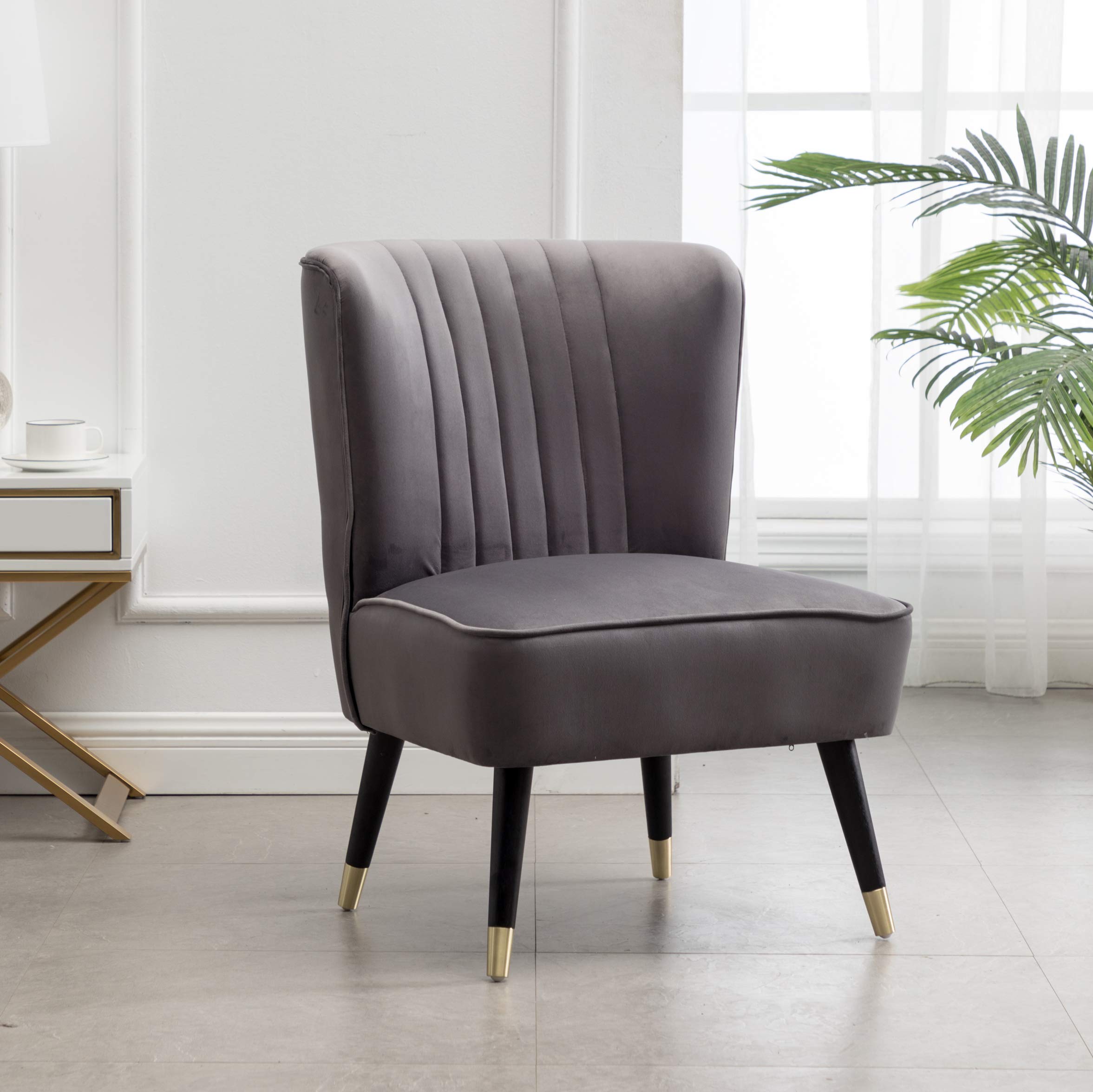 Roundhill Furniture Elon Contemporary Velvet Upholstered Accent Chair - Gray Modern Lounge Chair for Living Room, Bedroom & Office Decor