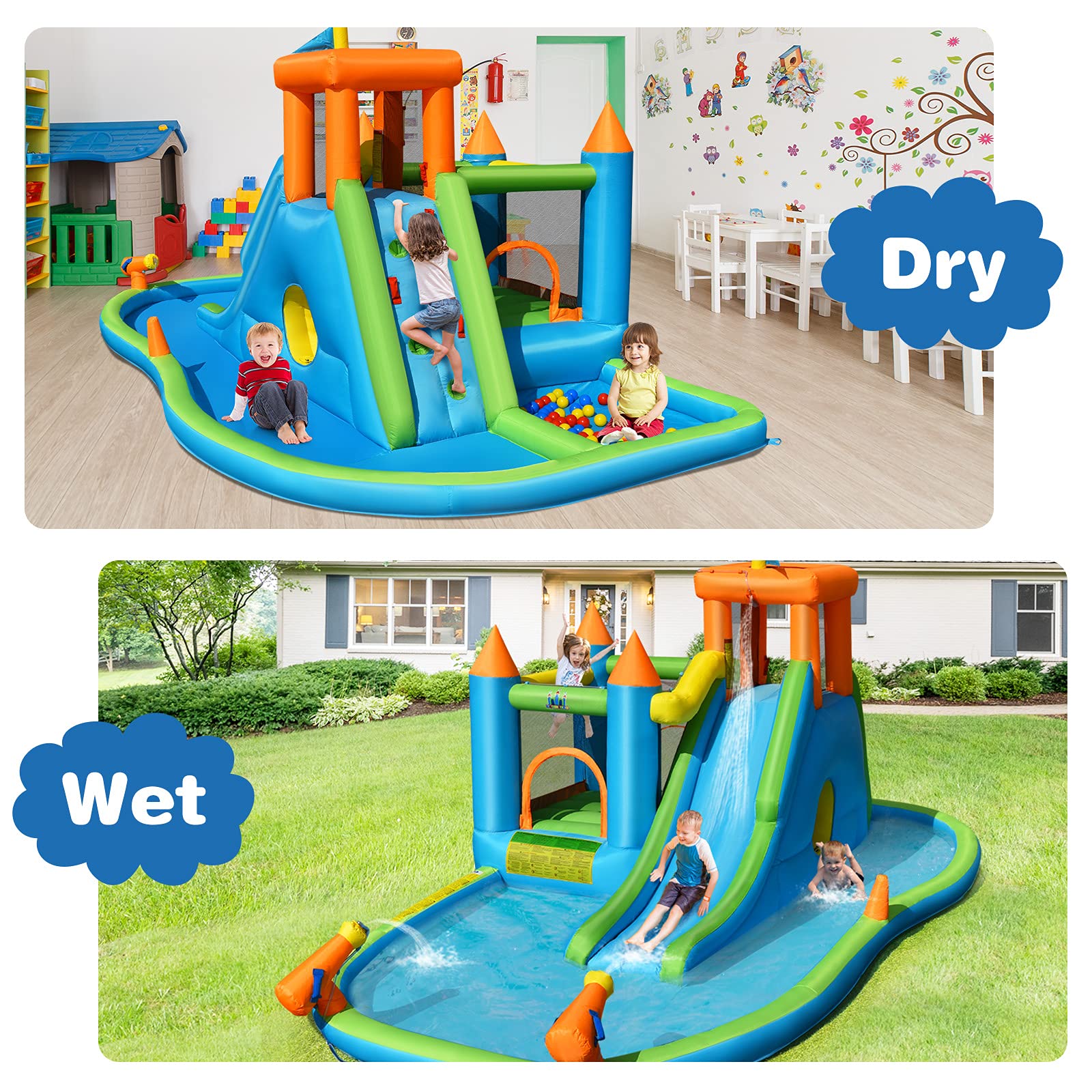 BOUNTECH Inflatable Kids Slide Bounce House with Ball Pit - Wet & Dry Combo Outdoor Playhouse for Backyard Parties, Hide & Seek Cave, Water Slides for Summer Fun - Perfect Birthday Gift for Toddlers & Children (Great for Backyards, Parks, and Indoor Play Areas)