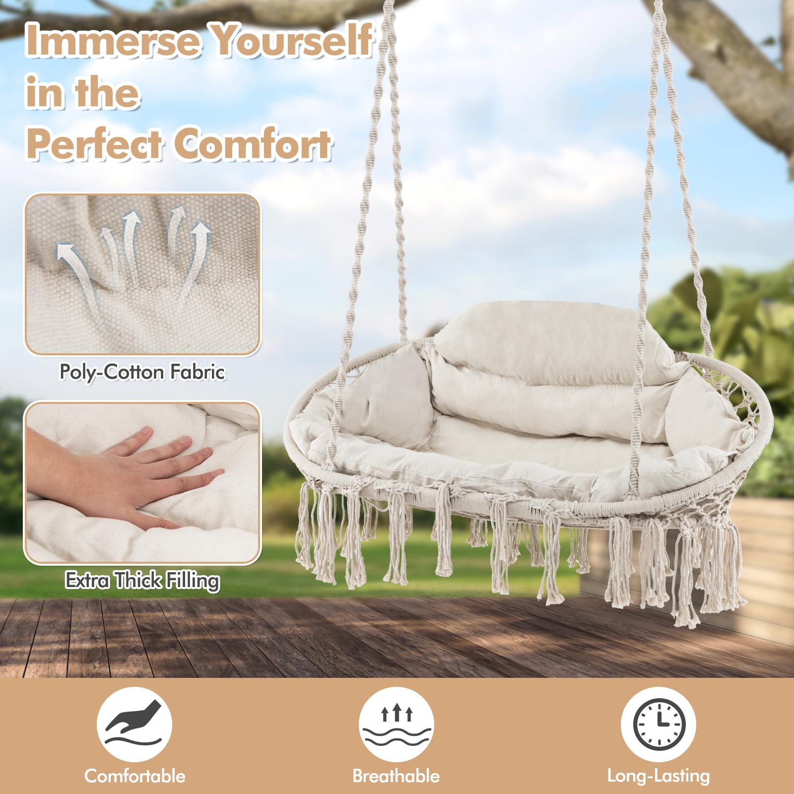 Tangkula 2-Person Boho Macrame Hanging Hammock Chair with Soft Cushions & Tassels - Indoor/Outdoor Cotton Rope Swing for Bedroom, Porch, Balcony - Perfect for Relaxing, Reading & Lounging in Your Backyard or Nursery