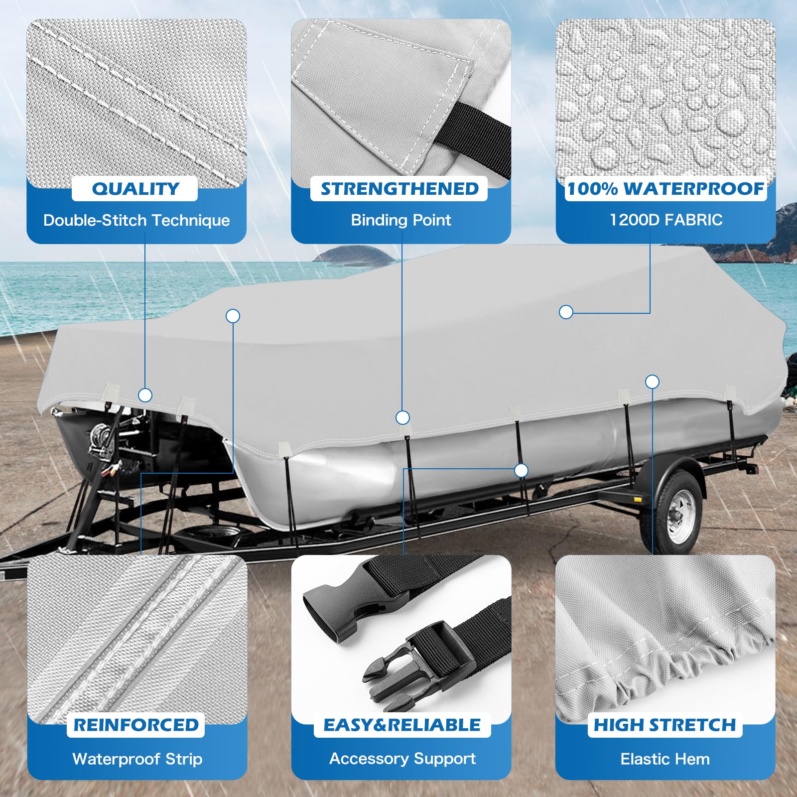Solim 22-24ft Heavy Duty Pontoon Boat Cover - 1200D PU Waterproof Marine Grade Oxford Fabric with UV Protection - Adjustable 18 Tie Down Straps - Gray - Perfect for Outdoor Boat Storage & Winter Protection