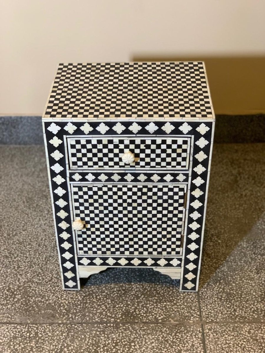 Handmade Bone Inlay Nightstand with Drawer - Vintage Boho Bedside Table for Small Spaces - Perfect for Bedroom, Living Room & Nursery Decor