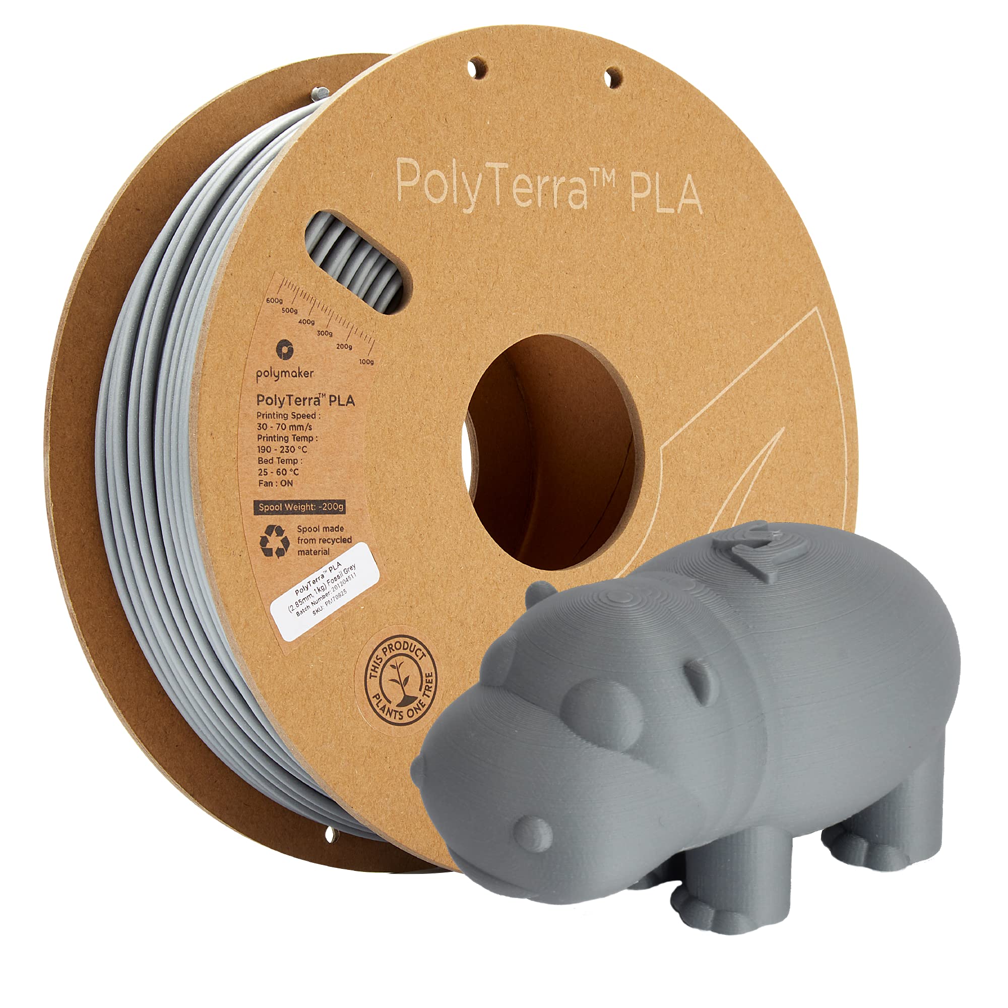 Polymaker PolyTerra Matte PLA 3D Printer Filament 2.85mm (3mm) - 1kg Spool, Grey - Compatible with 2.85mm Nozzle 3D Printers - Ideal for Prototyping, Cosplay Props & Artistic Creations