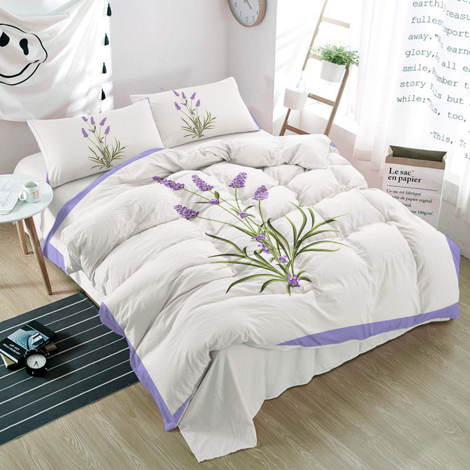 3-Piece Cal King Duvet Cover Set - Breathable Ultra Soft Summer Bedding with Zipper & Pillowcases | Lavender Floral Luxury Quilt Cover for Bedroom (Purple Plants on White) | Perfect for Master Bedroom, Guest Room & Vacation Homes