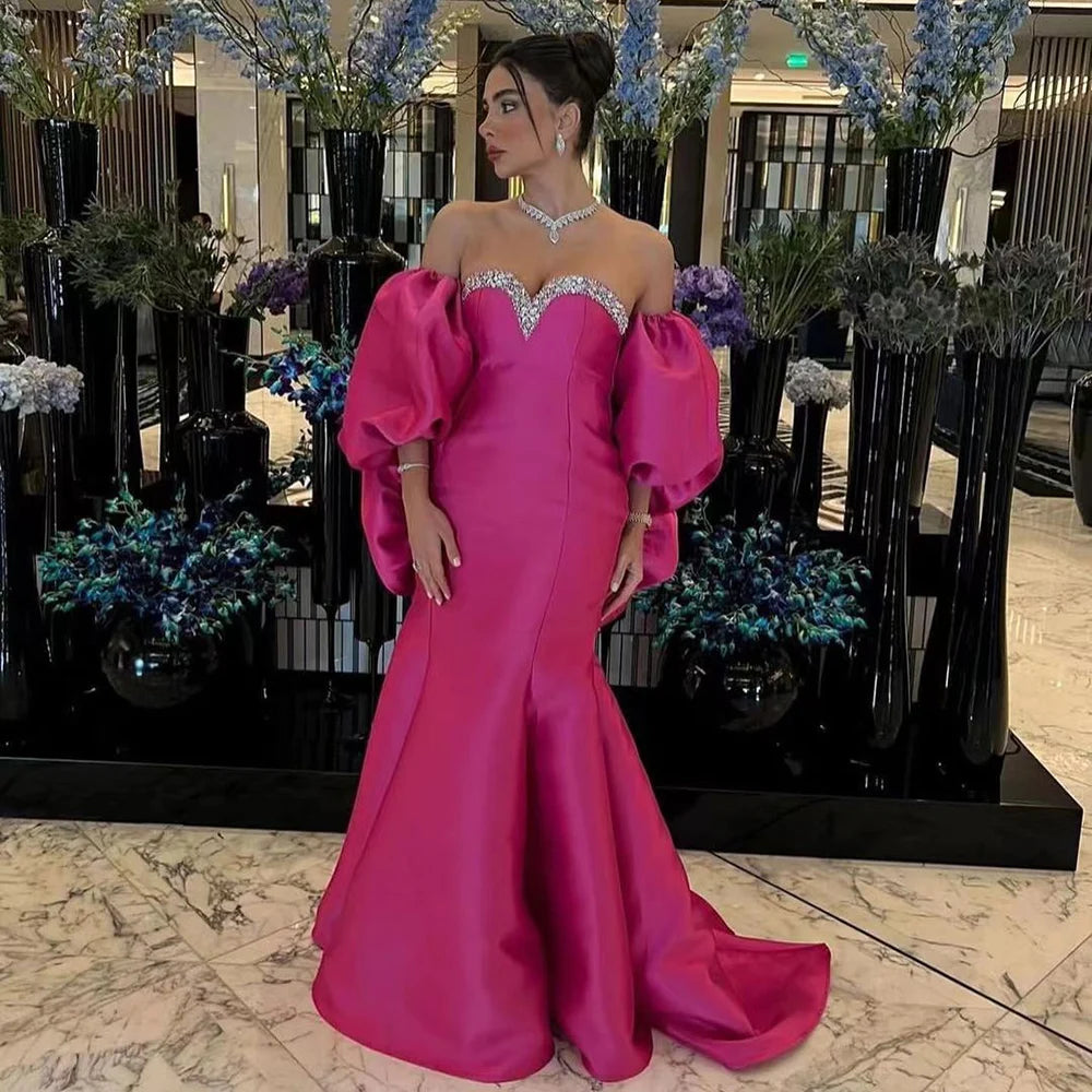 Serene Hill Fuchsia Mermaid Mikado Satin Balloon Sleeve Evening Gown for Women - Elegant Wedding Party Dress 2025 LA71923 | Perfect for Prom, Bridesmaid, and Formal Events