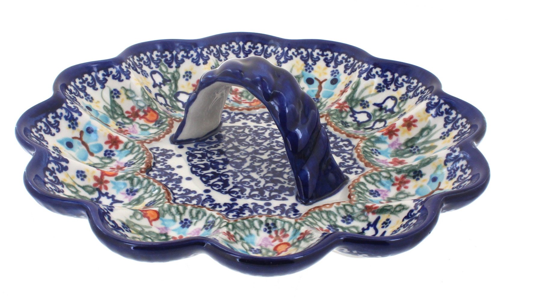 Hand-Painted Blue Rose Polish Pottery Garden of Eden Egg Plate - Elegant Serving Dish for Easter, Holiday Decor, and Special Occasions