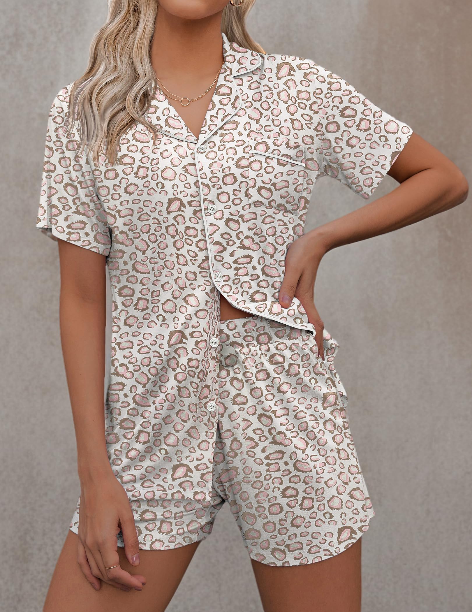 Ekouaer Women's Soft Short Sleeve Pajama Set - 2 Piece Button Down Sleepwear & Lounge Outfit for Comfortable Nights, Relaxing at Home or Vacation Wear
