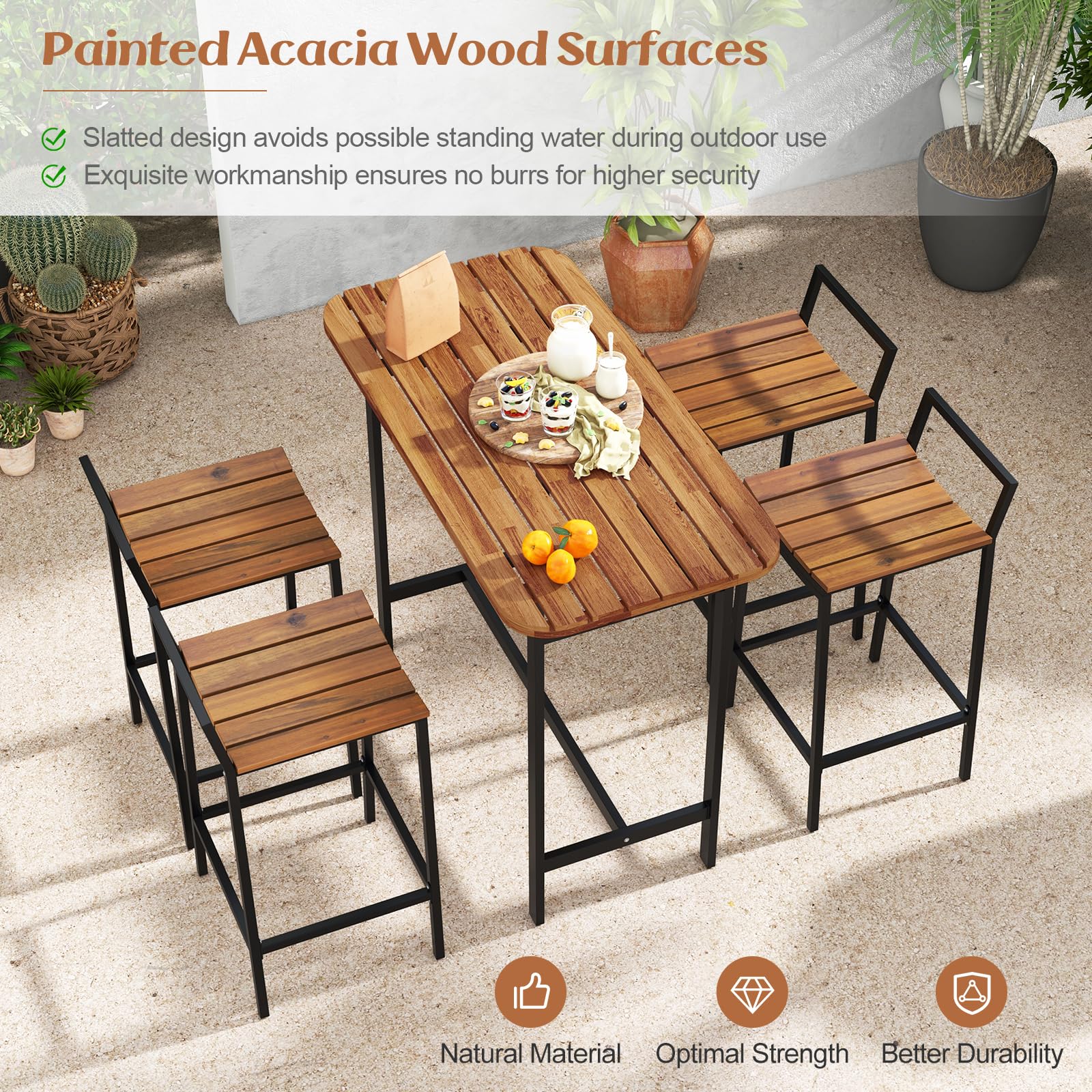 Tangkula 5-Piece Acacia Wood Outdoor Bar Table Set with Metal Frame & Footrest - Patio Bar Height Table & Chairs for 4, Perfect for Deck, Garden, Poolside & Backyard Entertaining